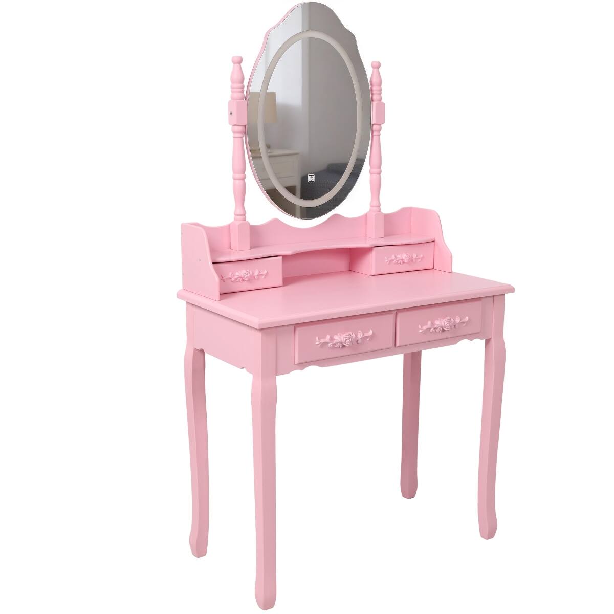 Left. Loheer - Loheer Pink Makeup Vanity Desk with LED Light Mirror and Cushioned Stool, Four Drawers - Pink.