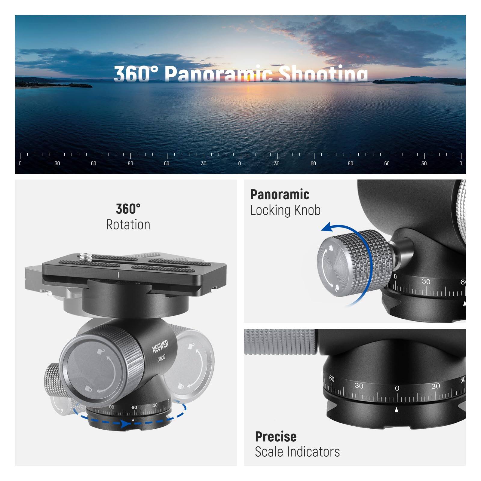 360° Panoramic Shooting

360° Rotation

Panoramic Locking Knob

Precise Scale Indicators