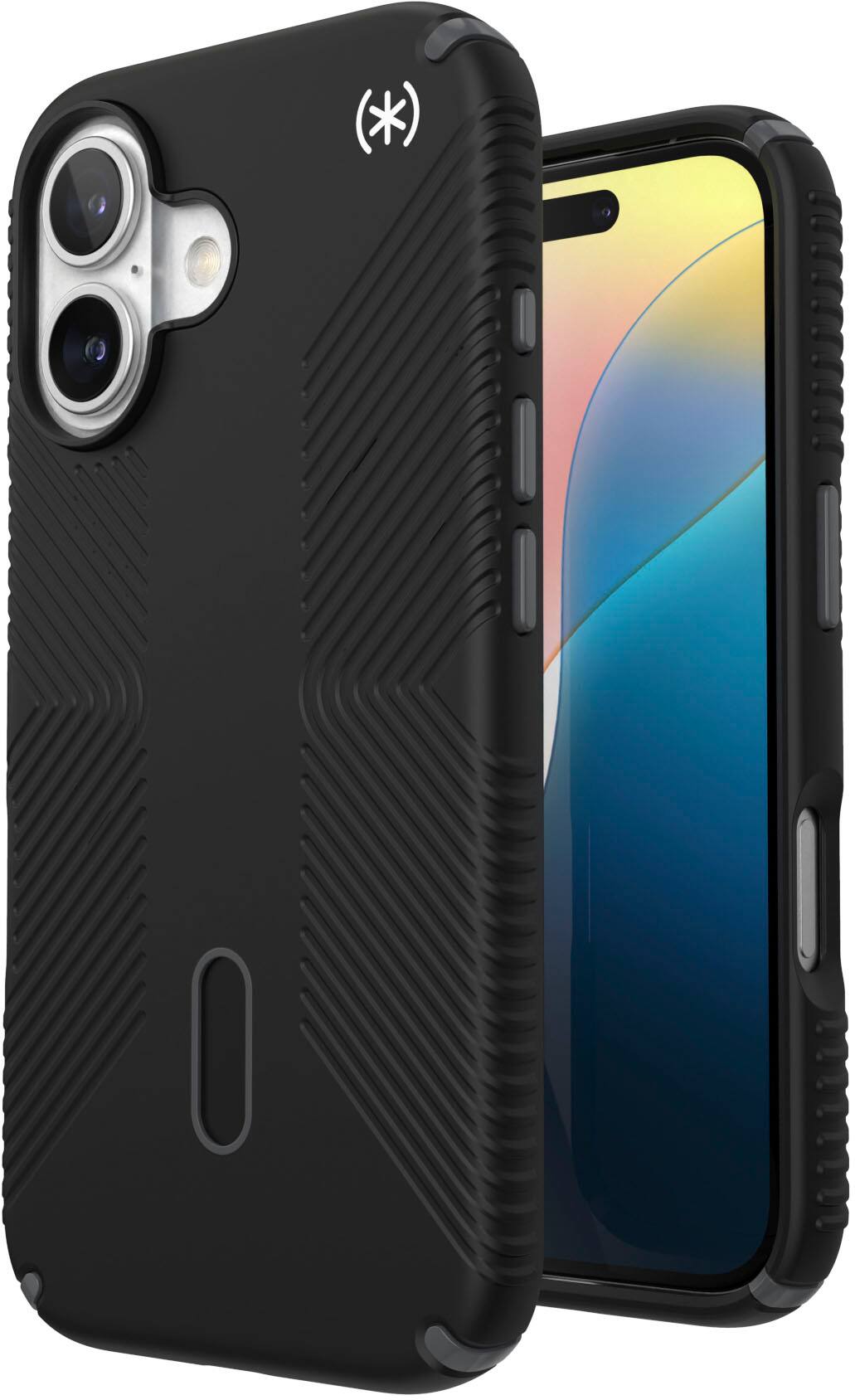 Angle. Speck - Presidio2 Grip ClickLock Case with MagSafe for Apple iPhone 16 - Black.