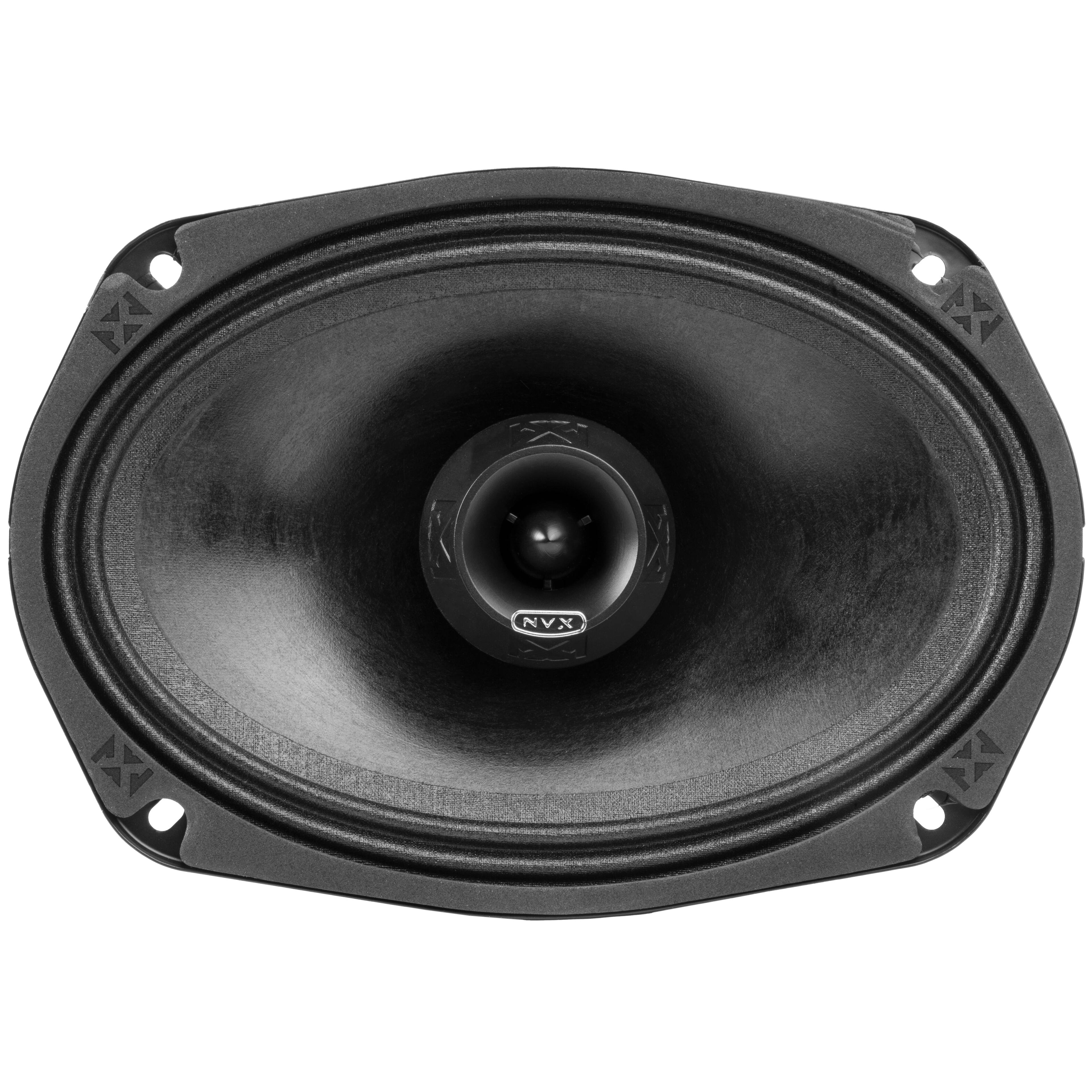 Left. NVX - VPRO69 (Sold Individually) 275W RMS 6x9in V-Series Pro 2-Way Water Resistant Coaxial Loudspeaker with Bullet Tweeter.