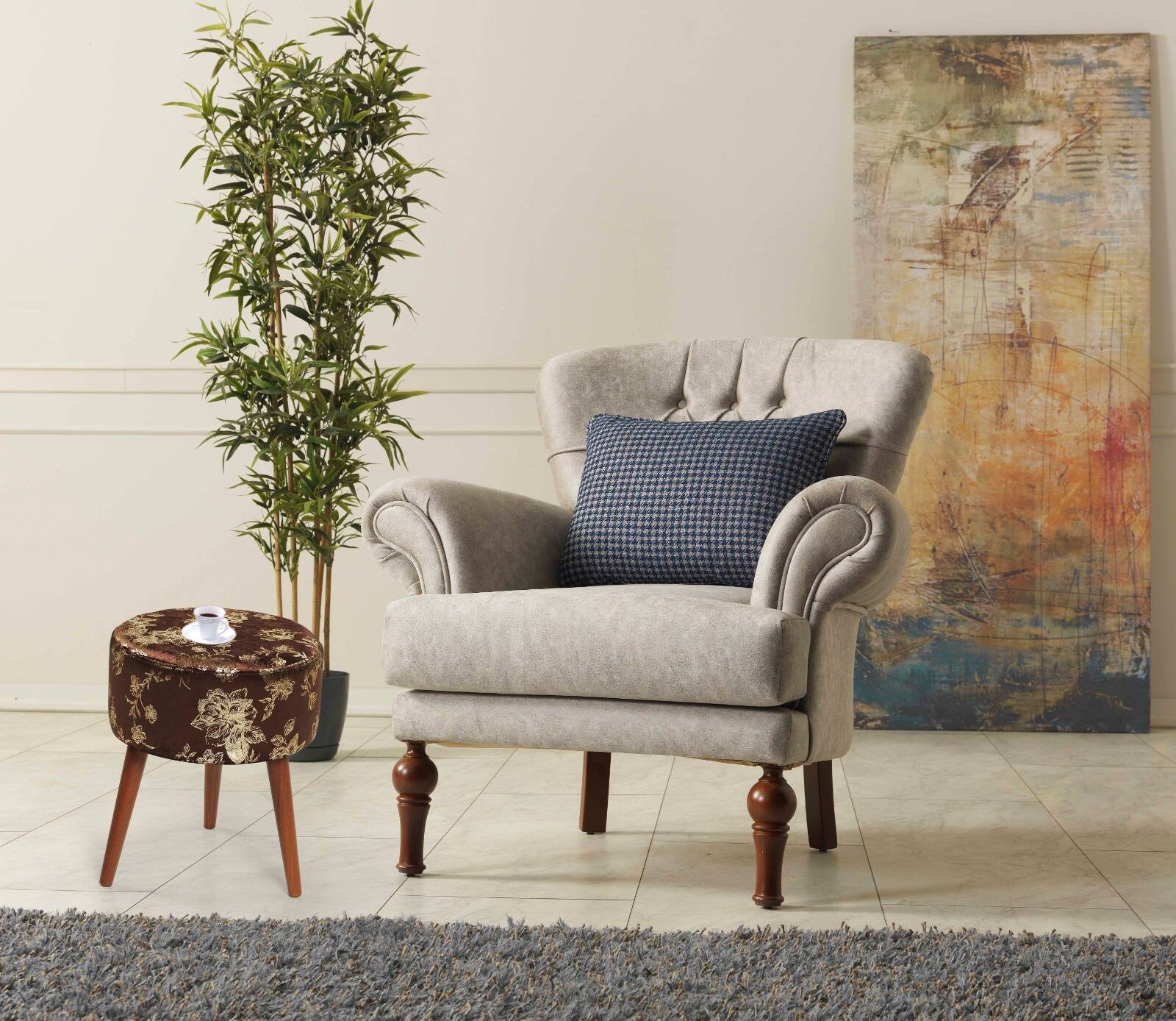 Front. Tiramisubest - Elegant 3-Leg Wood Ottoman with Cushioned Top - Brown - Brown.