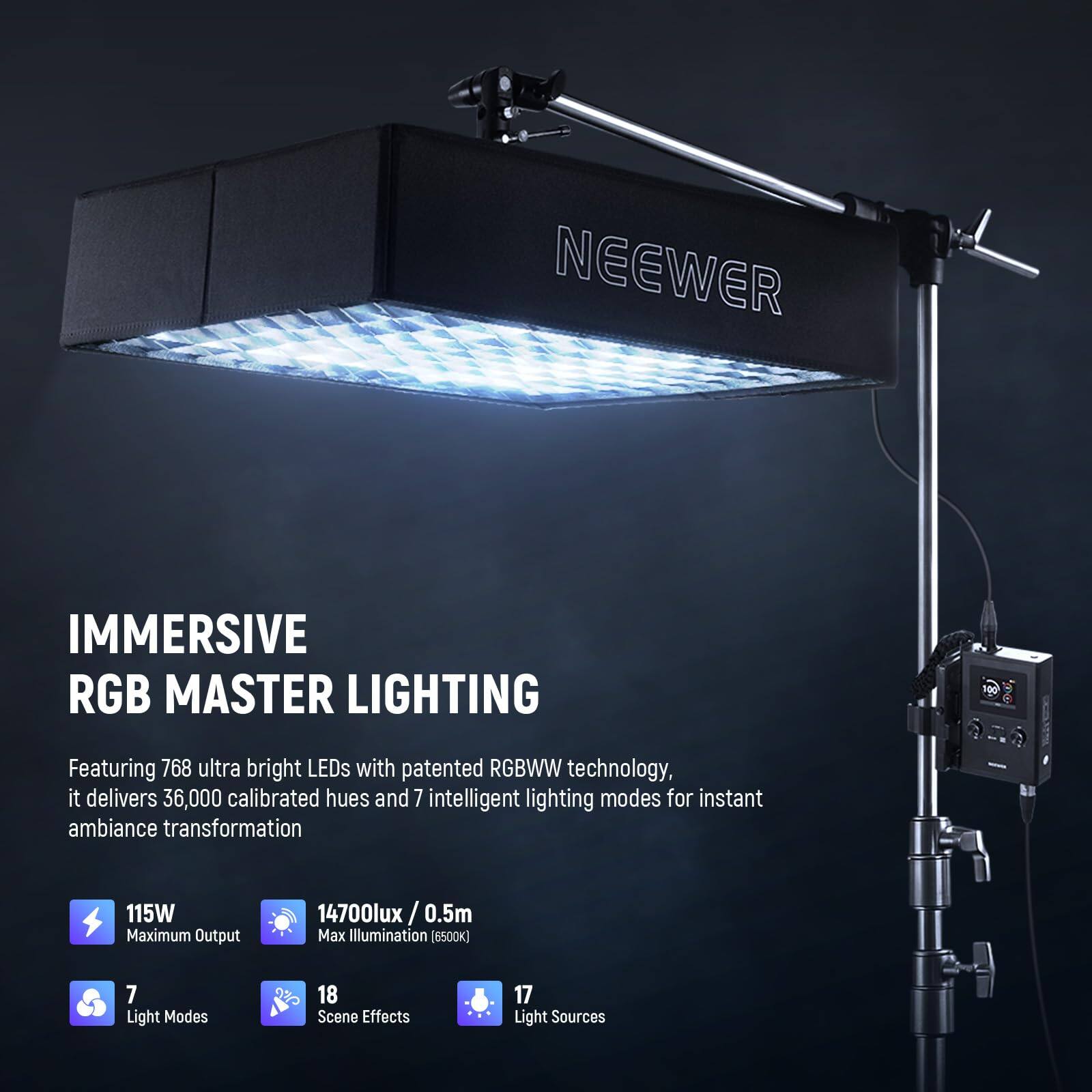 NEEWER IMMERSIVE RGB MASTER LIGHTING  
Featuring 768 ultra bright LEDs with patented RGBWW technology, it delivers 36,000 calibrated hues and 7 intelligent lighting modes for instant ambiance transformation  

- 115W Maximum Output  
- 14700lux / 0.5m Max Illumination (6500K)  
- 7 Light Modes  
- 18 Scene Effects  
- 17 Light Sources