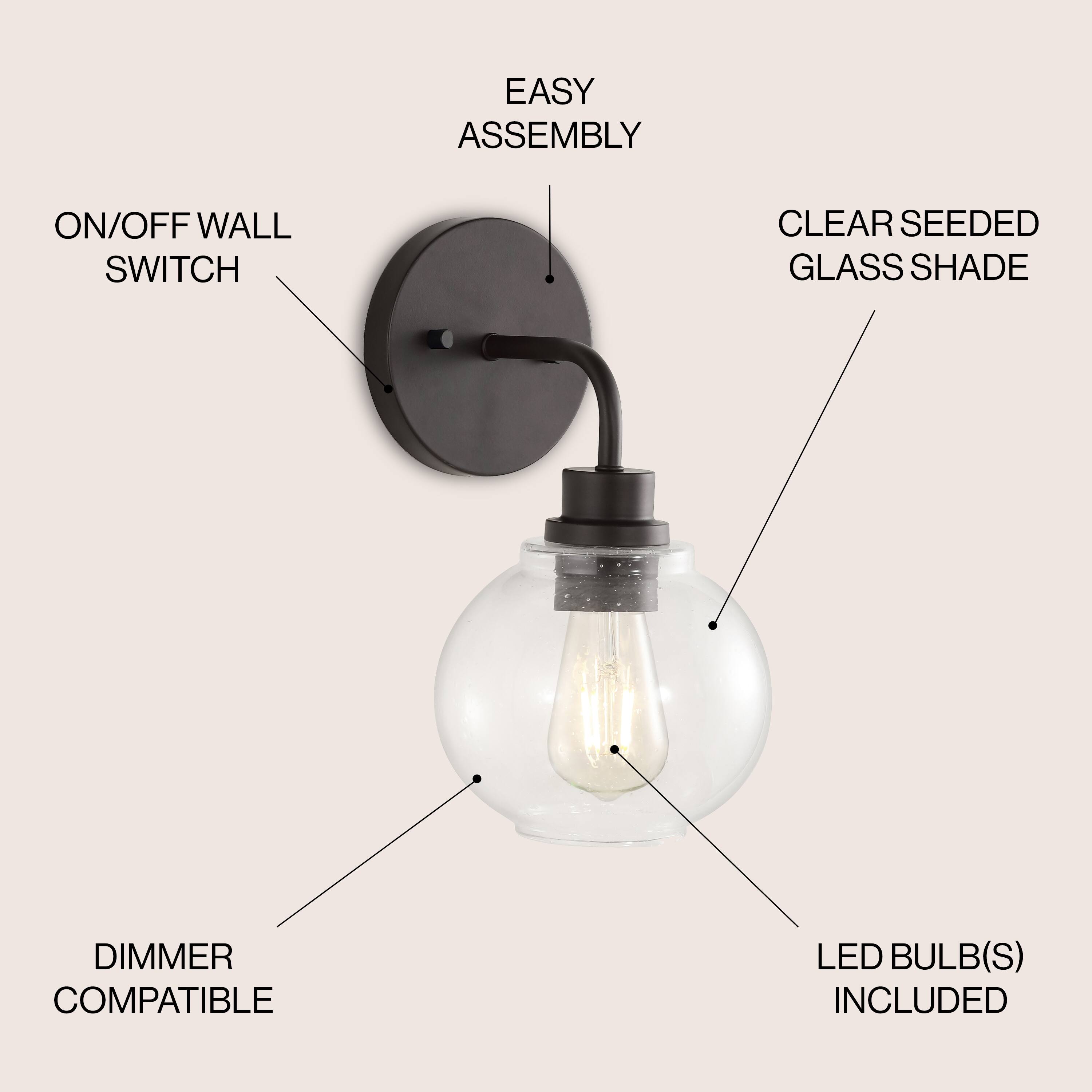 Easy Assembly On/Off Wall Switch Clear Seeded Glass Shade Dimmer Compatible LED Bulb(s) Included