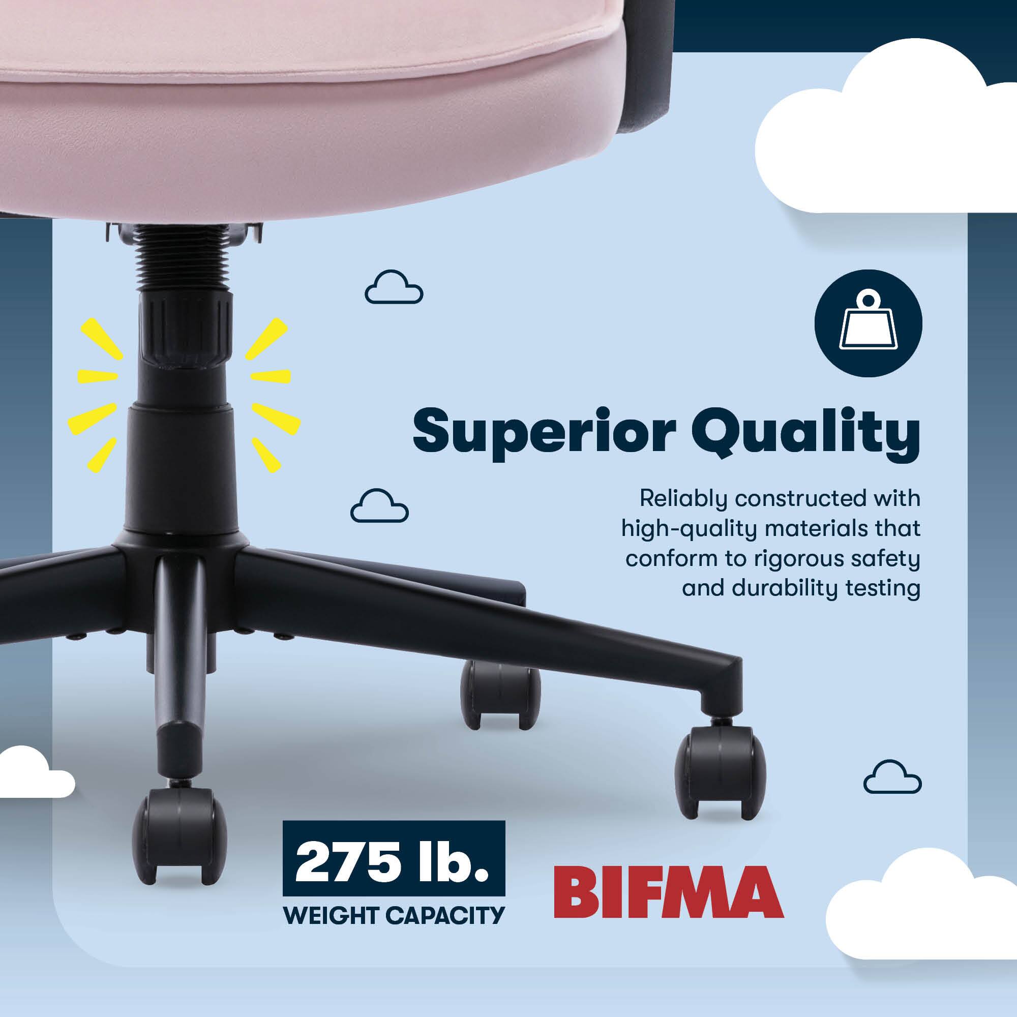 The text on the image is grouped and corrected as follows:

"Superior Quality: Reliably constructed with high-quality materials that conform to rigorous safety and durability testing. 275 lb. Weight Capacity. BIFMA."