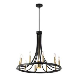 Jonathan Y - Dante 30" 11-Light Transitional Iron Adjustable Wagon Wheel LED Chandelier with Downlight - Black/Brass Gold