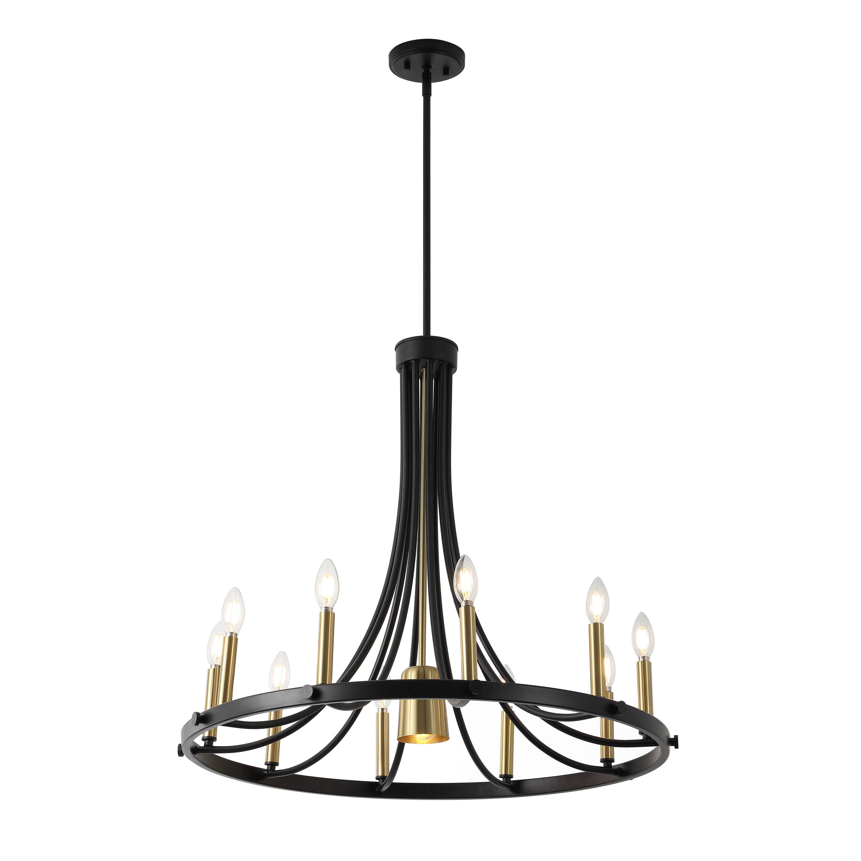 Front. Jonathan Y - Dante 30" 11-Light Transitional Iron Adjustable Wagon Wheel LED Chandelier with Downlight, Black/Brass Gold - Black/Brass Gold.