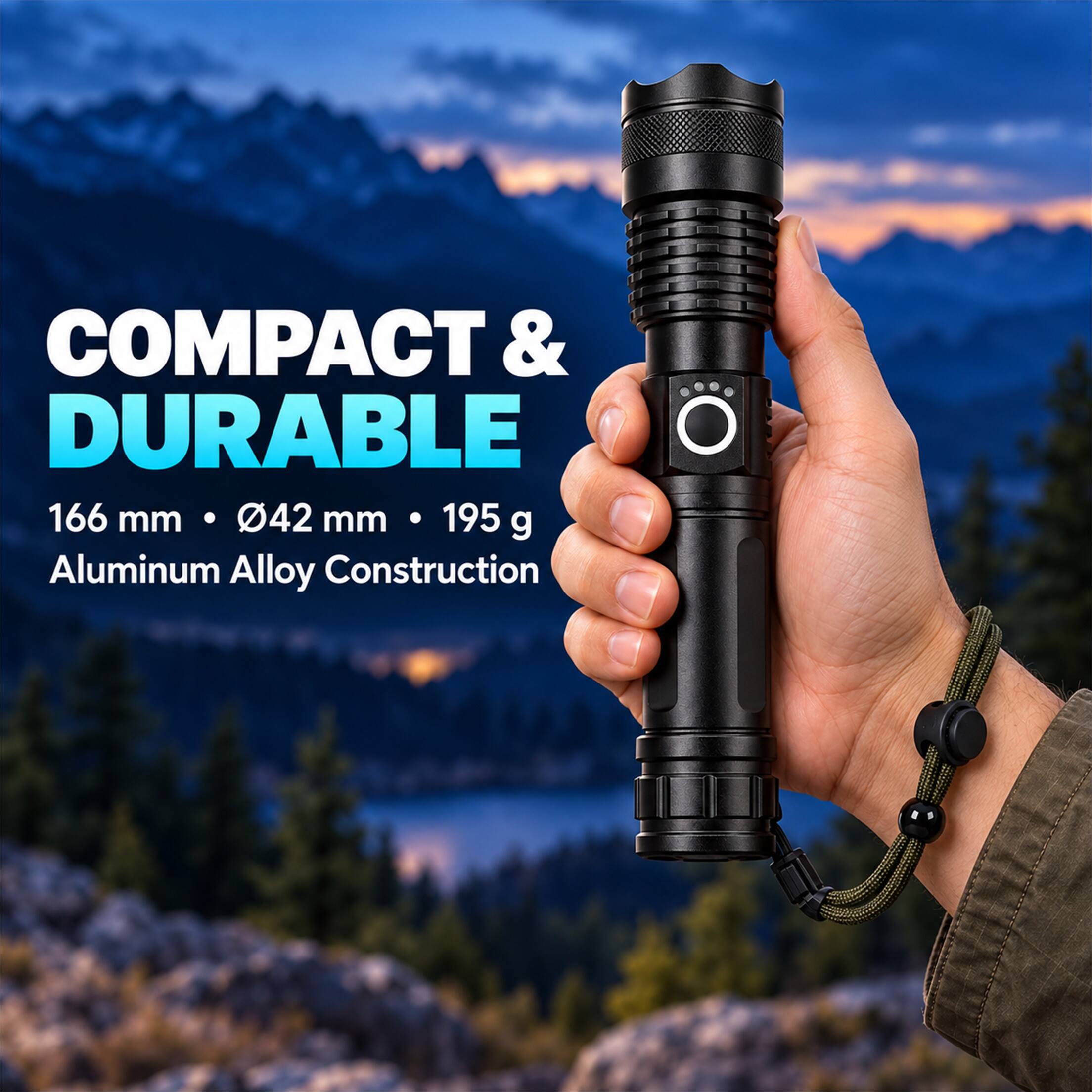COMPACT & DURABLE  
166 mm • Ø42 mm • 195 g  
Aluminum Alloy Construction