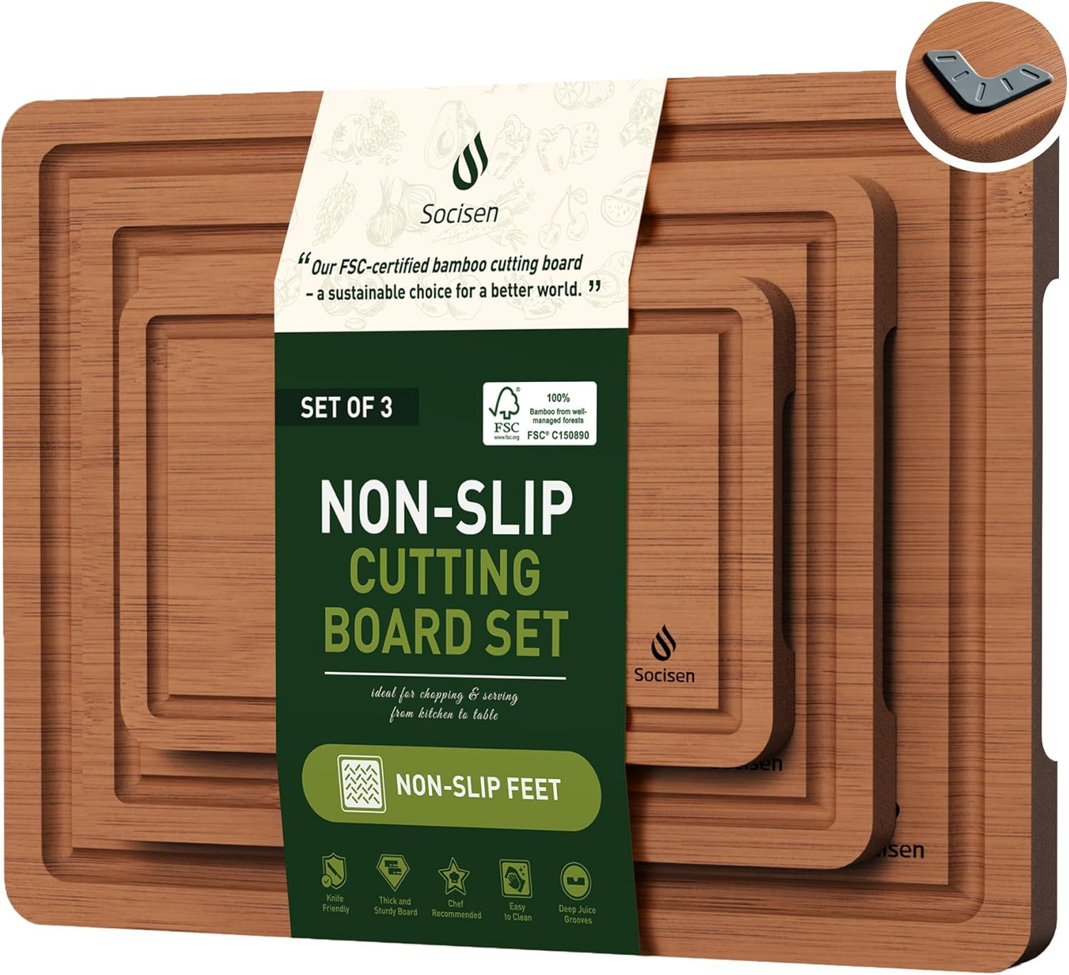 PARKER SLATER - Bamboo Cutting Board Set of 3 – Non-Slip, Thick Wood, Juice Groove