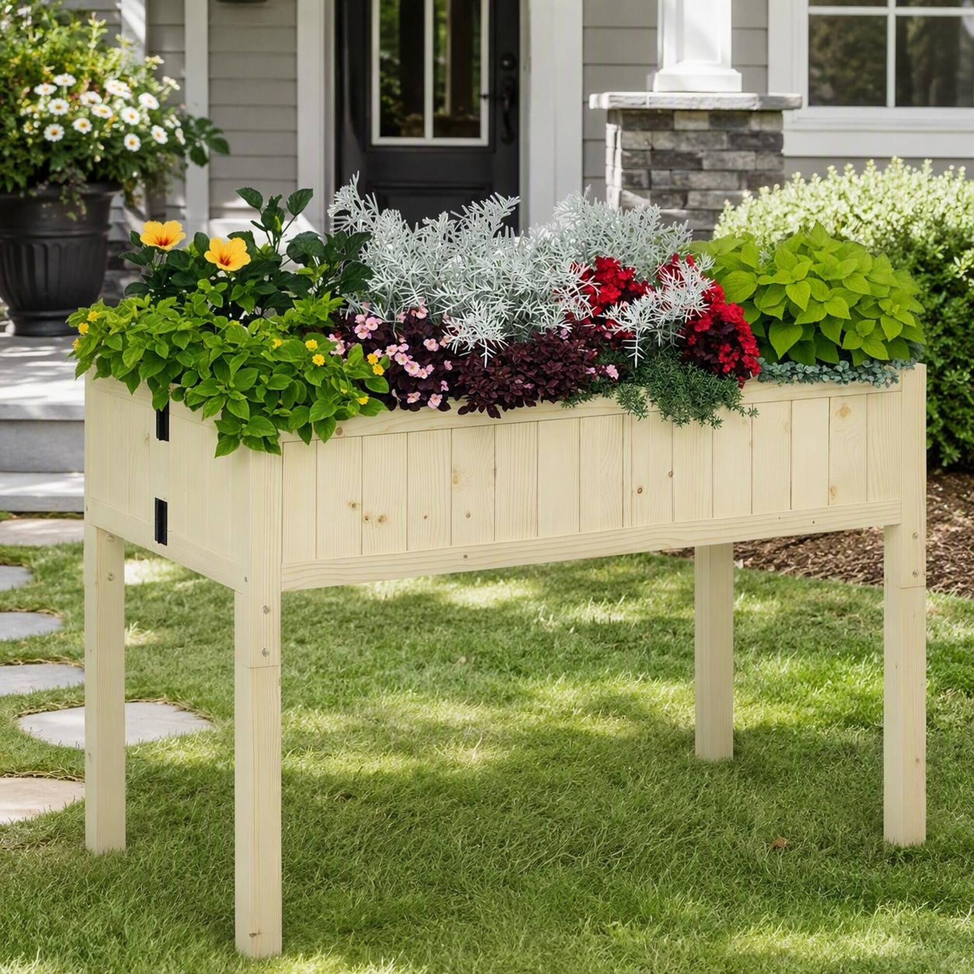 Alt View 1. RYHNUYNE - Elevated Wooden Raised Garden Bed with Folding Fir Wood Planter Box for Patio, Balcony, and Outdoor Use - Natural.