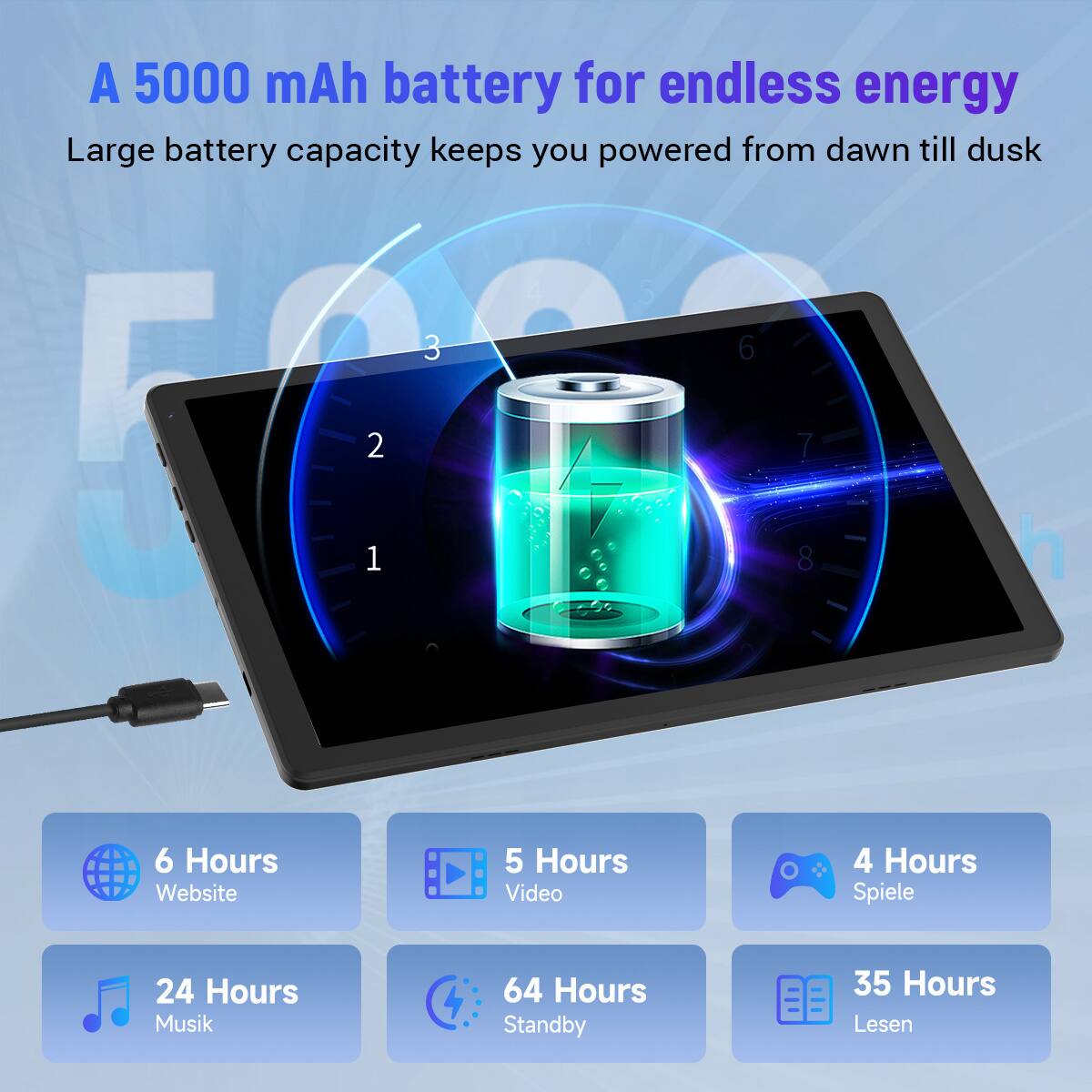 A 5000 mAh battery for endless energy  
Large battery capacity keeps you powered from dawn till dusk  

- 6 Hours Website  
- 5 Hours Video  
- 4 Hours Spiele  
- 24 Hours Musik  
- 64 Hours Standby  
- 35 Hours Lesen