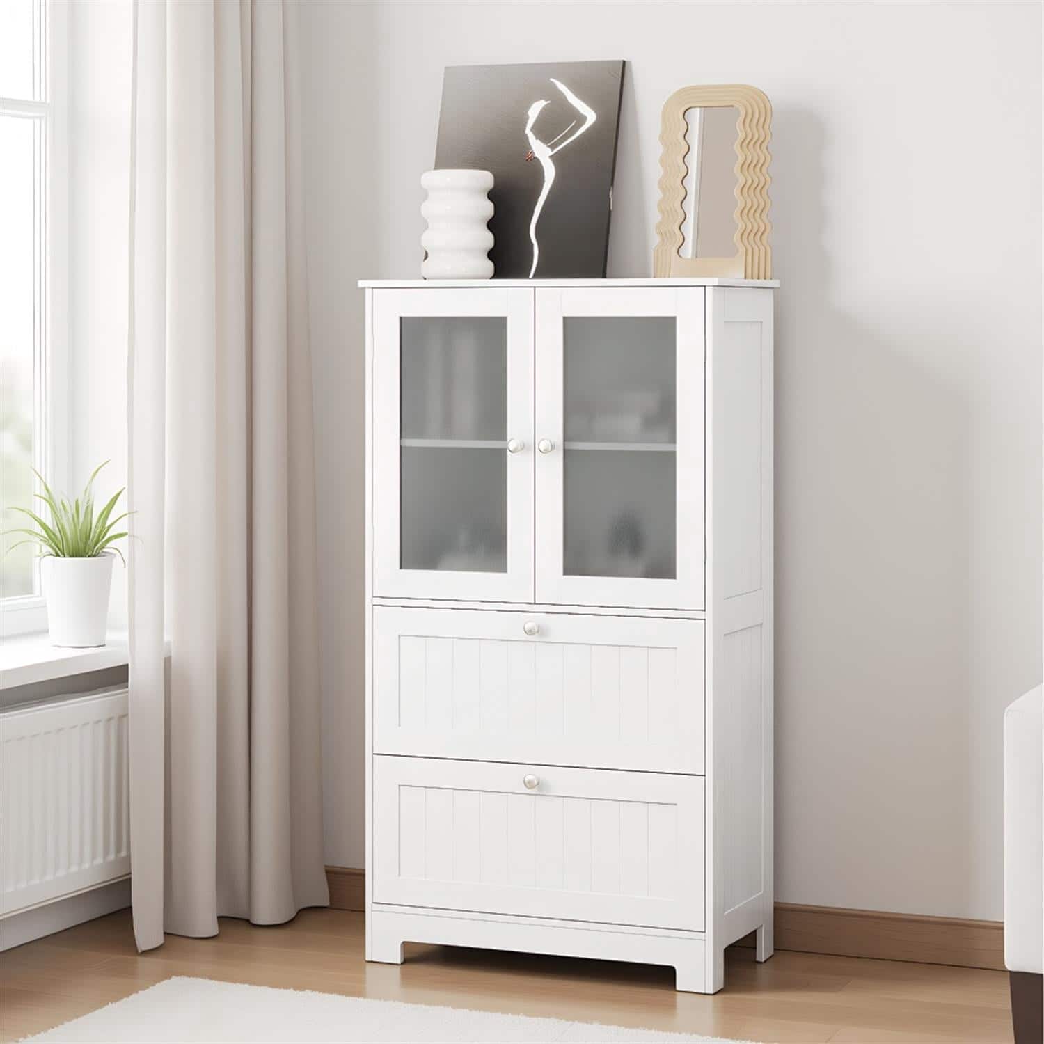 Pefilos- Bathroom Floor Storage Cabinet, Freestanding Cupboard, 2 Drawers Frosted Glass Doors- White