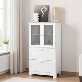 Pefilos - Bathroom Floor Storage Cabinet, Freestanding Cupboard, 2 Drawers Frosted Glass Doors - White