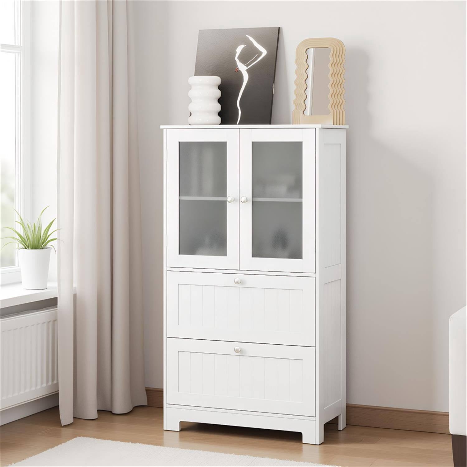 Front. Pefilos - Bathroom Floor Storage Cabinet, Freestanding Cupboard, 2 Drawers Frosted Glass Doors - White.