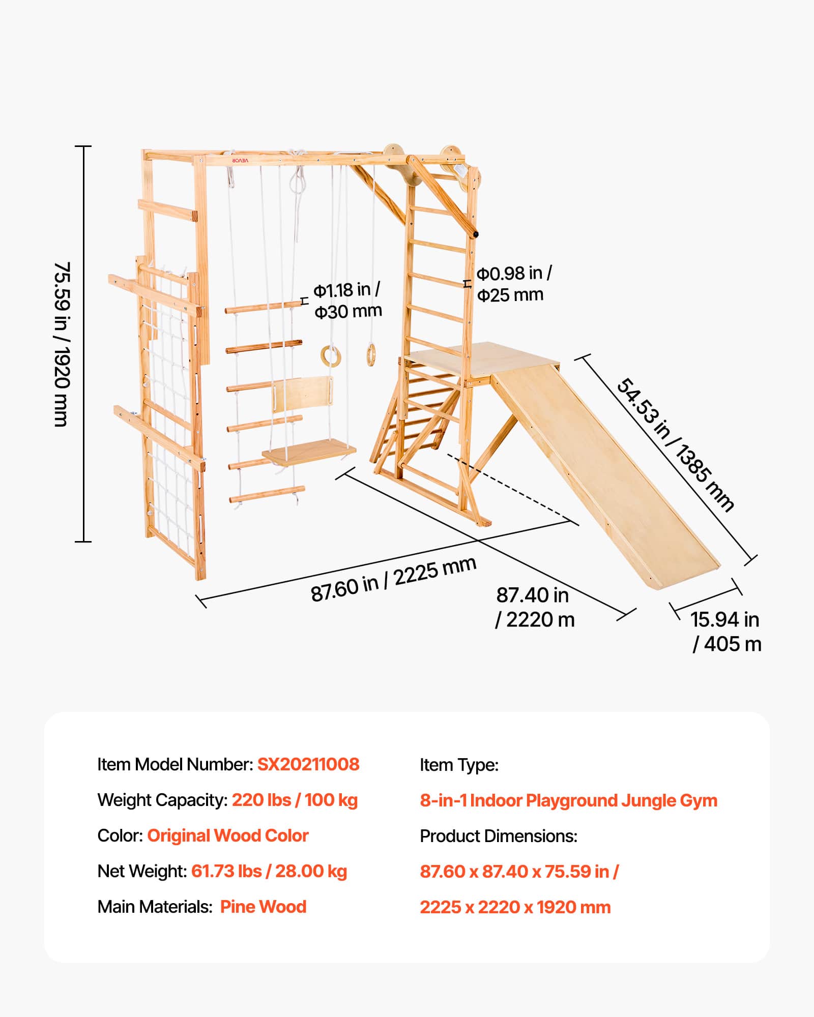 VEVOR Indoor Wooden Jungle Gym for Kids, 8 in 1 Playset with Slide