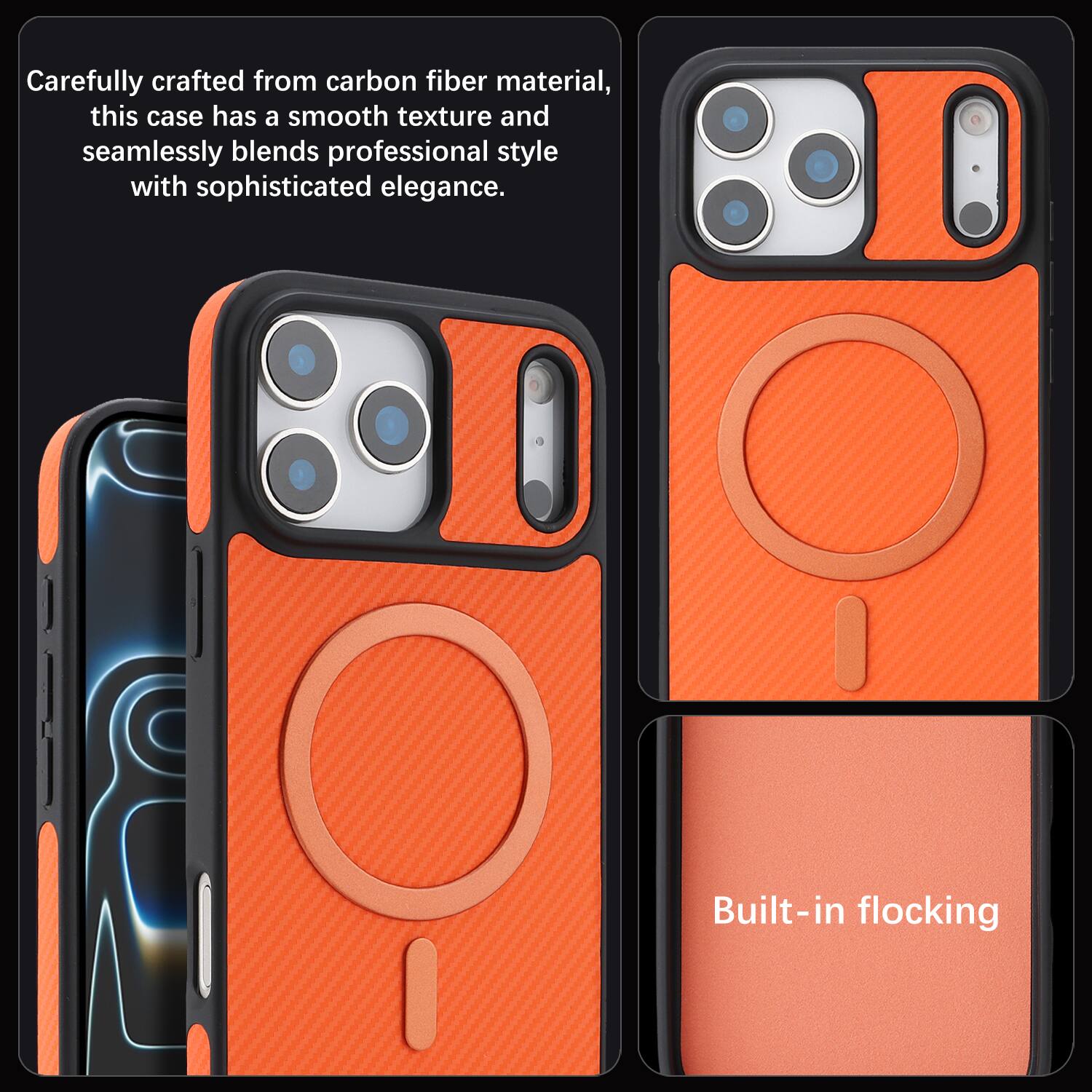 Carefully crafted from carbon fiber material, this case has a smooth texture and seamlessly blends professional style with sophisticated elegance. Built-in flocking