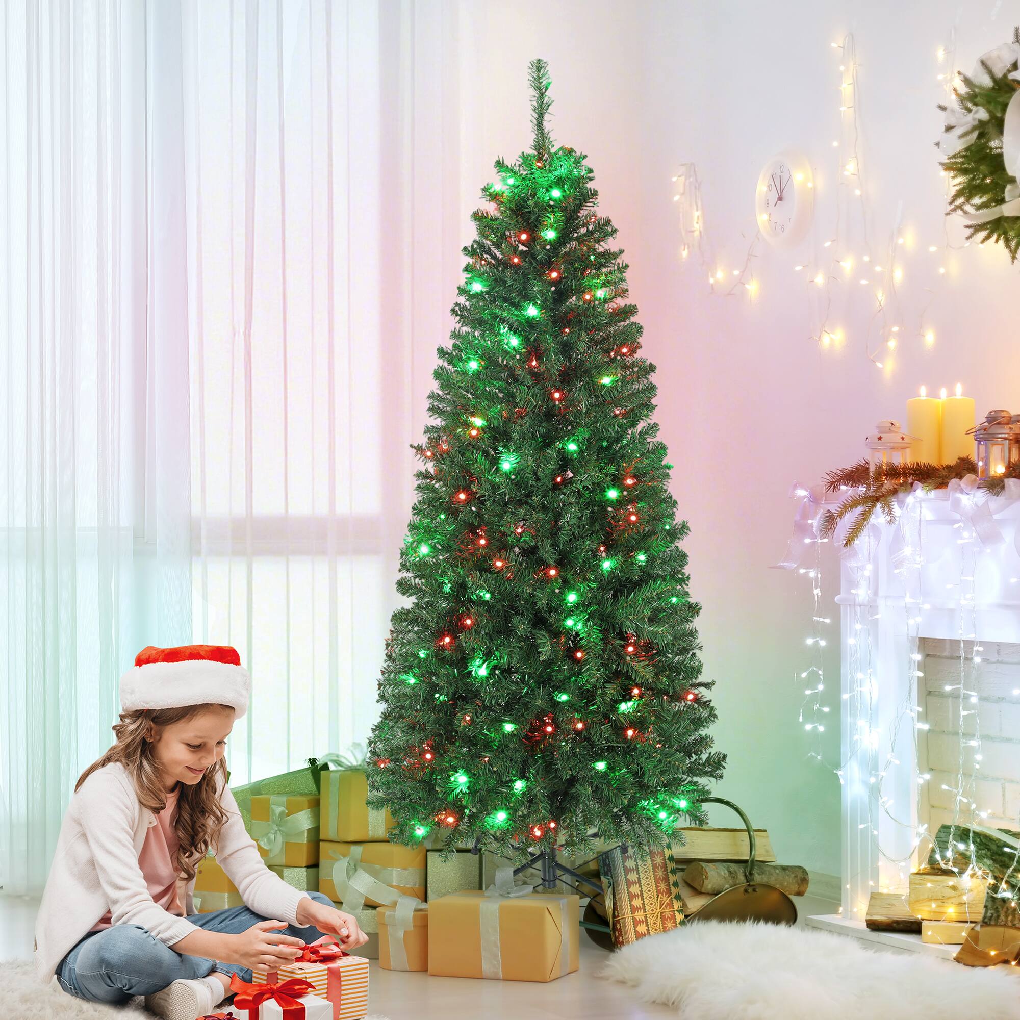 Alt View 1. Homcom - Slim Prelit Christmas Tree, Colorful DIY Sync LED Lights, Remote, Hinged Fir, Dense Tips, 12 Modes, Timer - green.