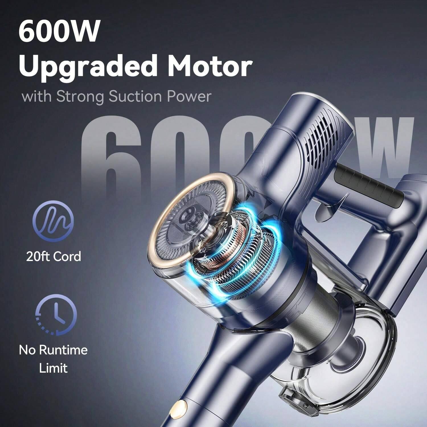 600W Upgraded Motor with Strong Suction Power  
20ft Cord  
No Runtime Limit