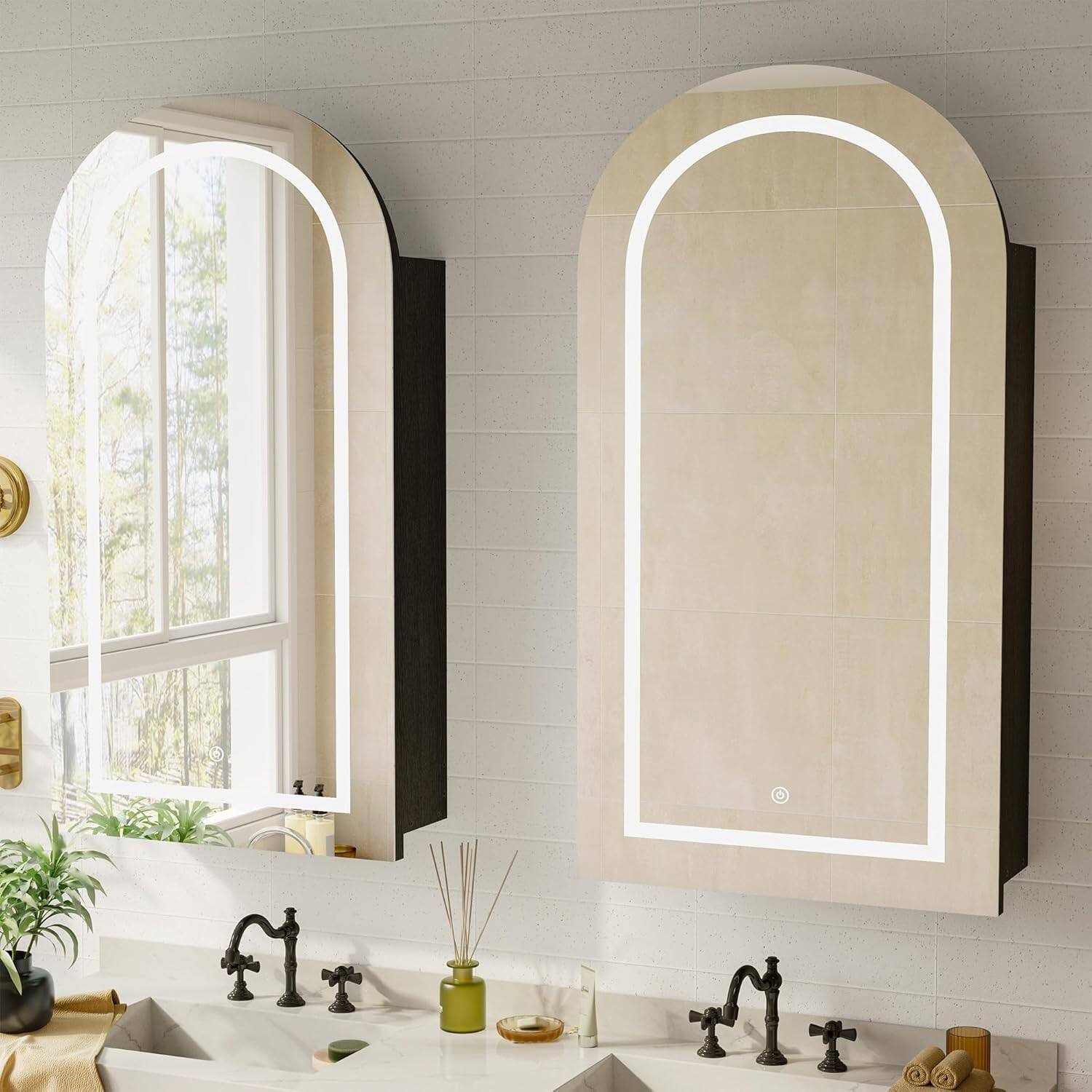 Alt View 4. DIYSET - Arched Medicine Cabinet with LED Light, Wall-Mounted Mirror with Storage Recessed Bathroom Cabinet - White.