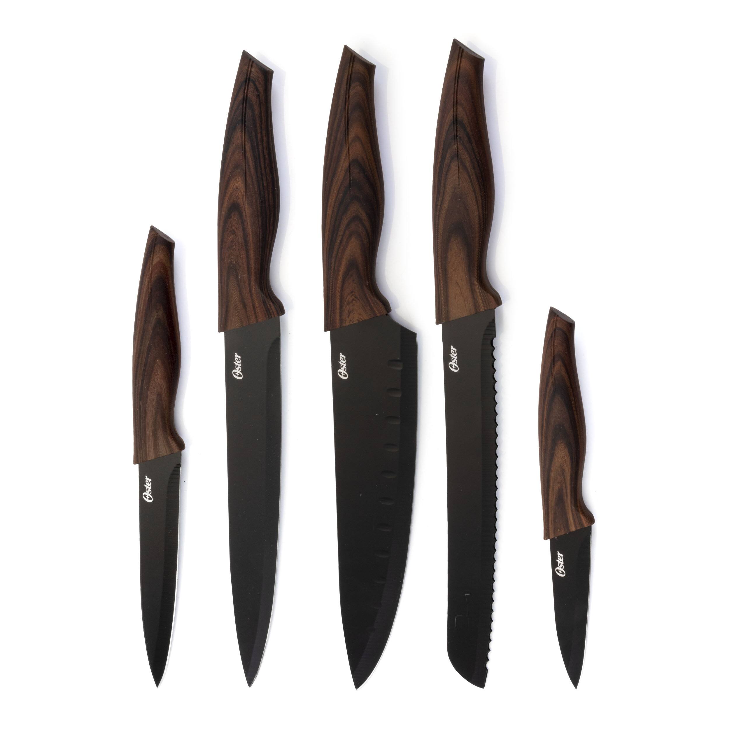 Oster - Godfrey 5 Piece Stainless Steel Black Cutlery Set with Wood Print Handles - Brown