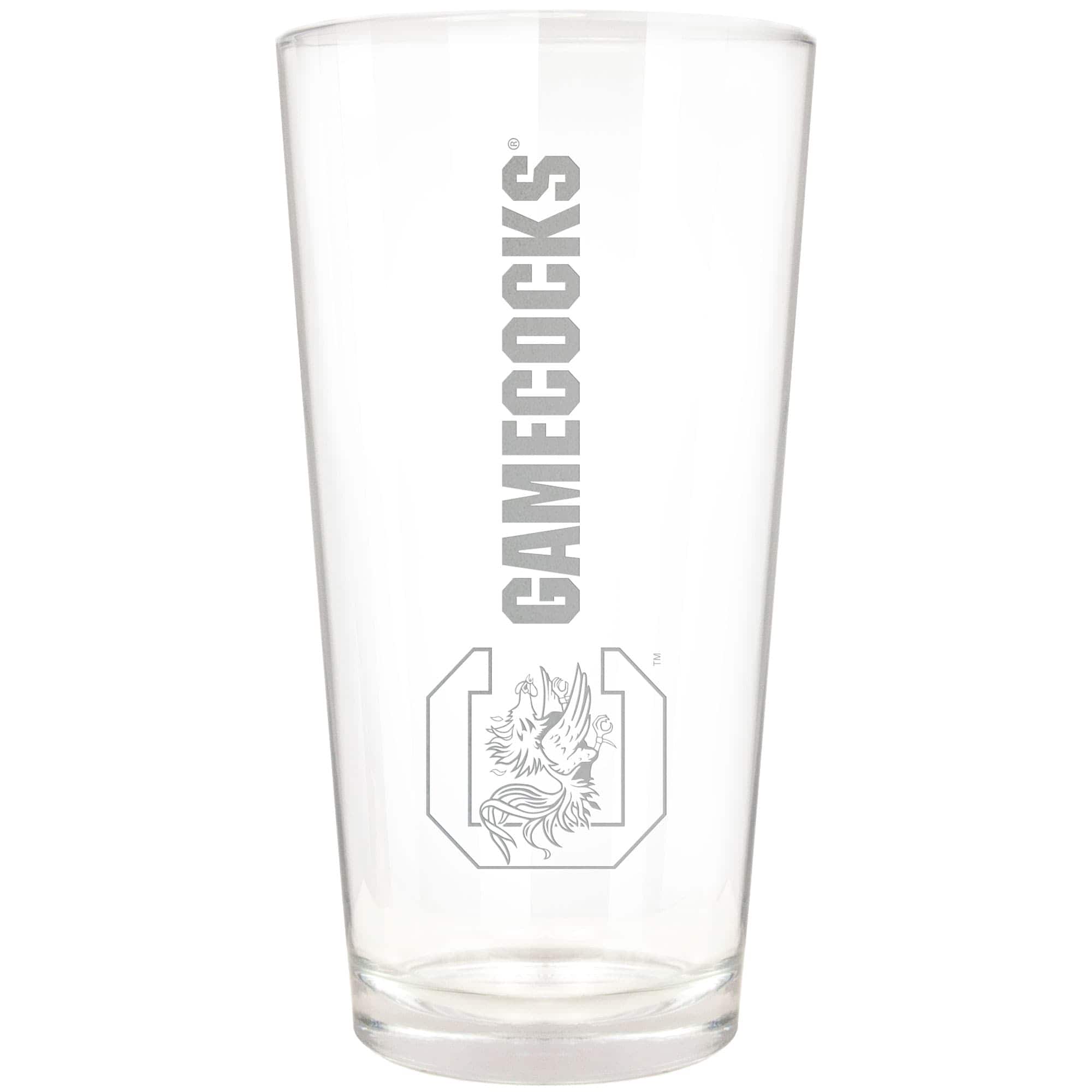 Front. Great American Products - South Carolina Gamecocks Etched 16oz. Vertical Rally Cry Pint Glass - Multicolor.