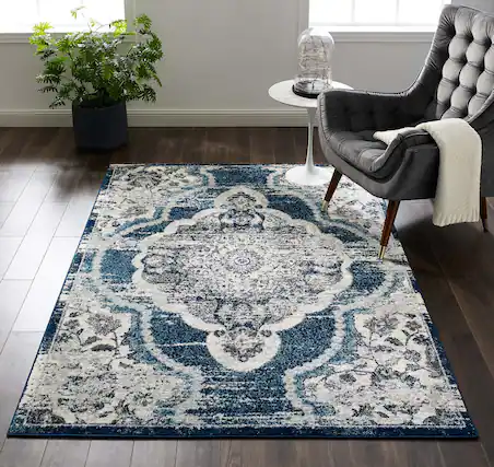 Front. Modway - Entourage Malia Distressed Vintage Floral Vintage Medallion Area Rug - Ivory and Blue.