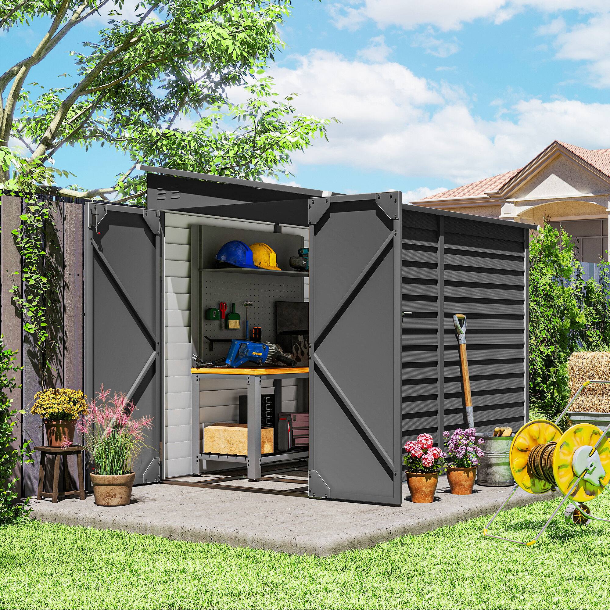Alt View 1. Outsunny - x 9' Outdoor Storage Shed, Lean to Metal Shed with Foundation Kit, Lockable Doors and Gloves for Patio, Lawn.