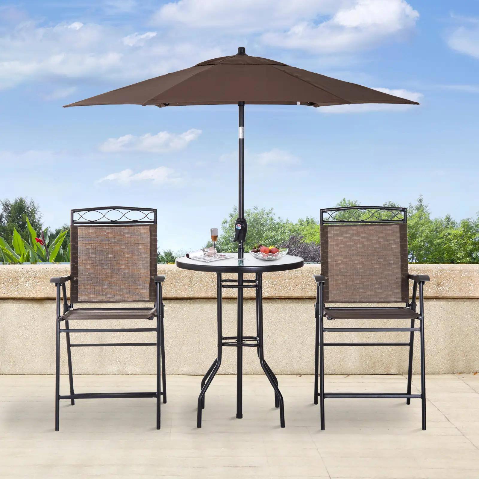 Alt View 6. Resenkos - Resenkos 4 Pieces Outdoor Patio Dining Furniture Set, 2 Folding Chairs, Adjustable Angle Umbrella, Steel, Brown - Brown.