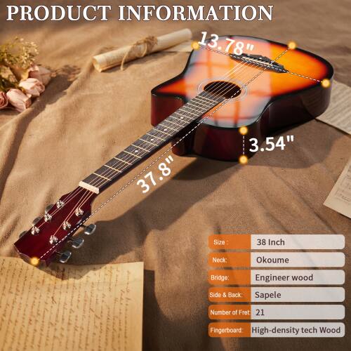 PRODUCT INFORMATION

Size: 38 Inch  
Neck: Okoume  
Bridge: Engineer wood  
Side & Back: Sapele  
Number of Fret: 21  
Fingerboard: High-density tech Wood