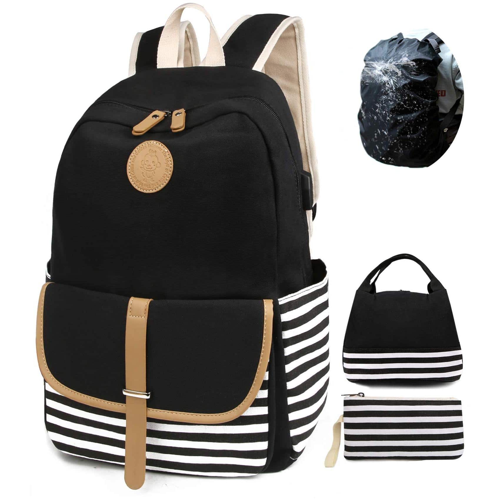Stamp n Camp - Backpacks For Women Teen Big Large Capacity Book Bag With Usb Port Cute Canvas Bookpack durable Black Stripe Backpack - Black 3 Set