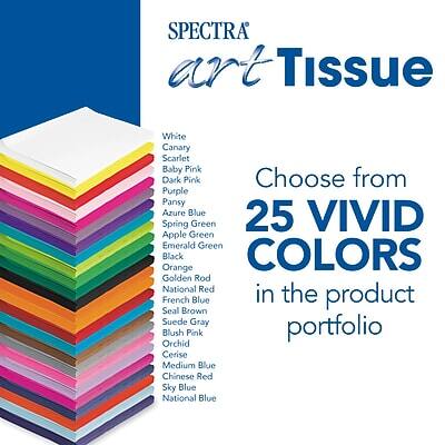 SPECTRA art Tissue

Choose from 25 VIVID COLORS in the product portfolio

White  
Canary  
Scarlet  
Baby Pink  
Dark Pink  
Purple  
Pansy  
Azure Blue  
Spring Green  
Apple Green  
Emerald Green  
Orange  
Black  
Golden Rod  
National Red  
French Blue  
Seal Brown  
Suede Gray  
Blush Pink  
Portfolio Orchid  
Cerise  
Medium Blue  
Chinese Red  
Sky Blue  
National Blue