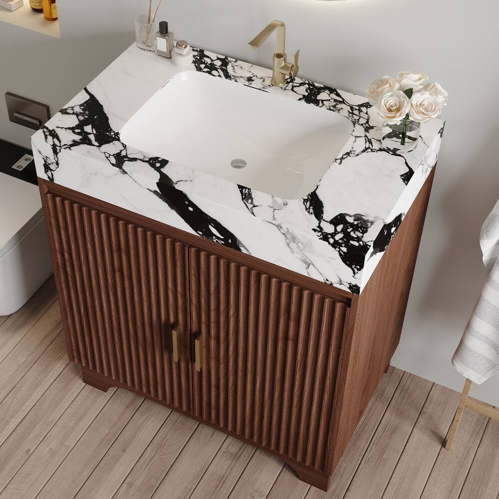 Alt View 3. Loheer - Loheer 30 inch freestanding bathroom vanity Walnut Plywood Cabinet Sintered Stone Top - Walnut, White.