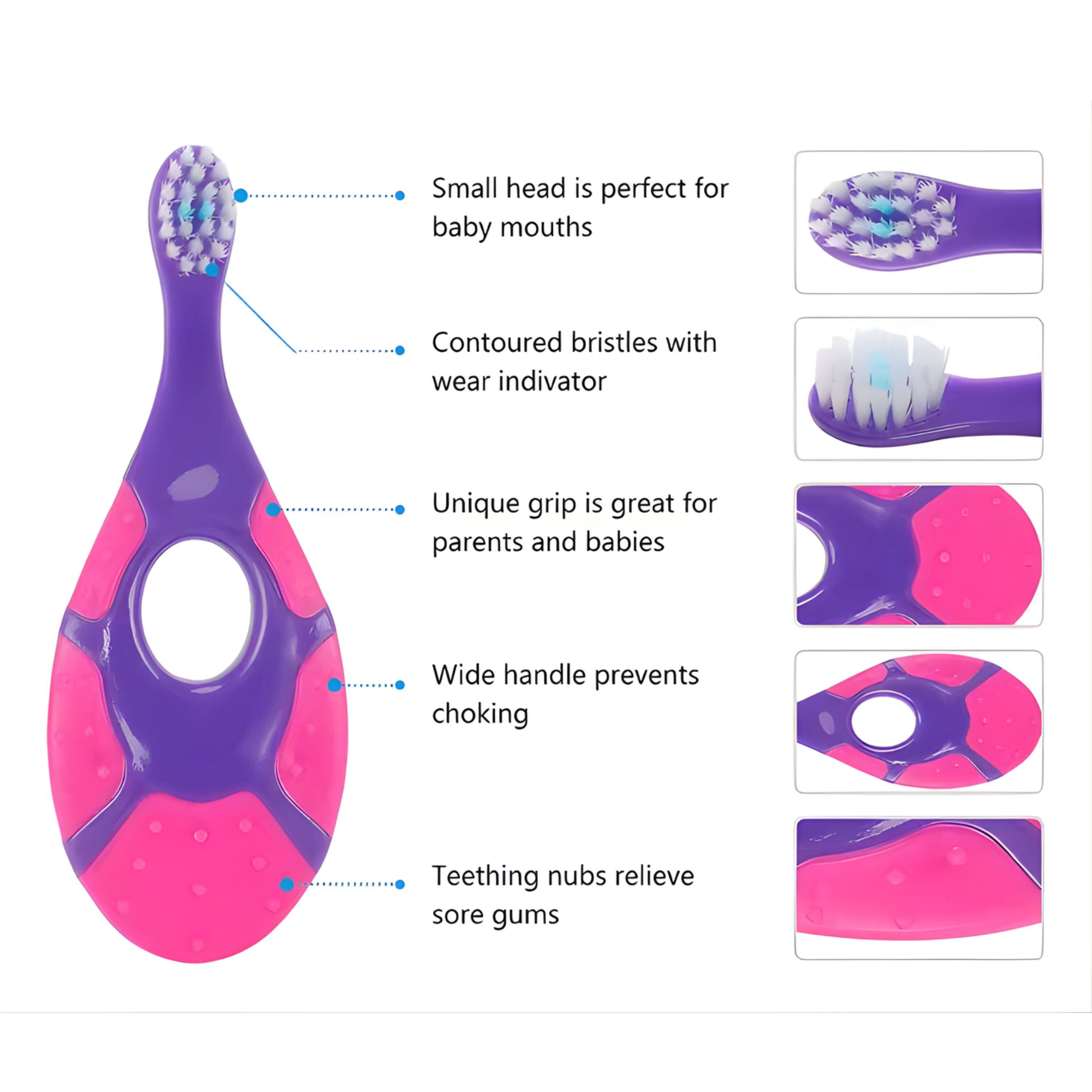 Small head is perfect for baby mouths  
Contoured bristles with wear indicator  
Unique grip is great for parents and babies  
Wide handle prevents choking  
Teething nubs relieve sore gums