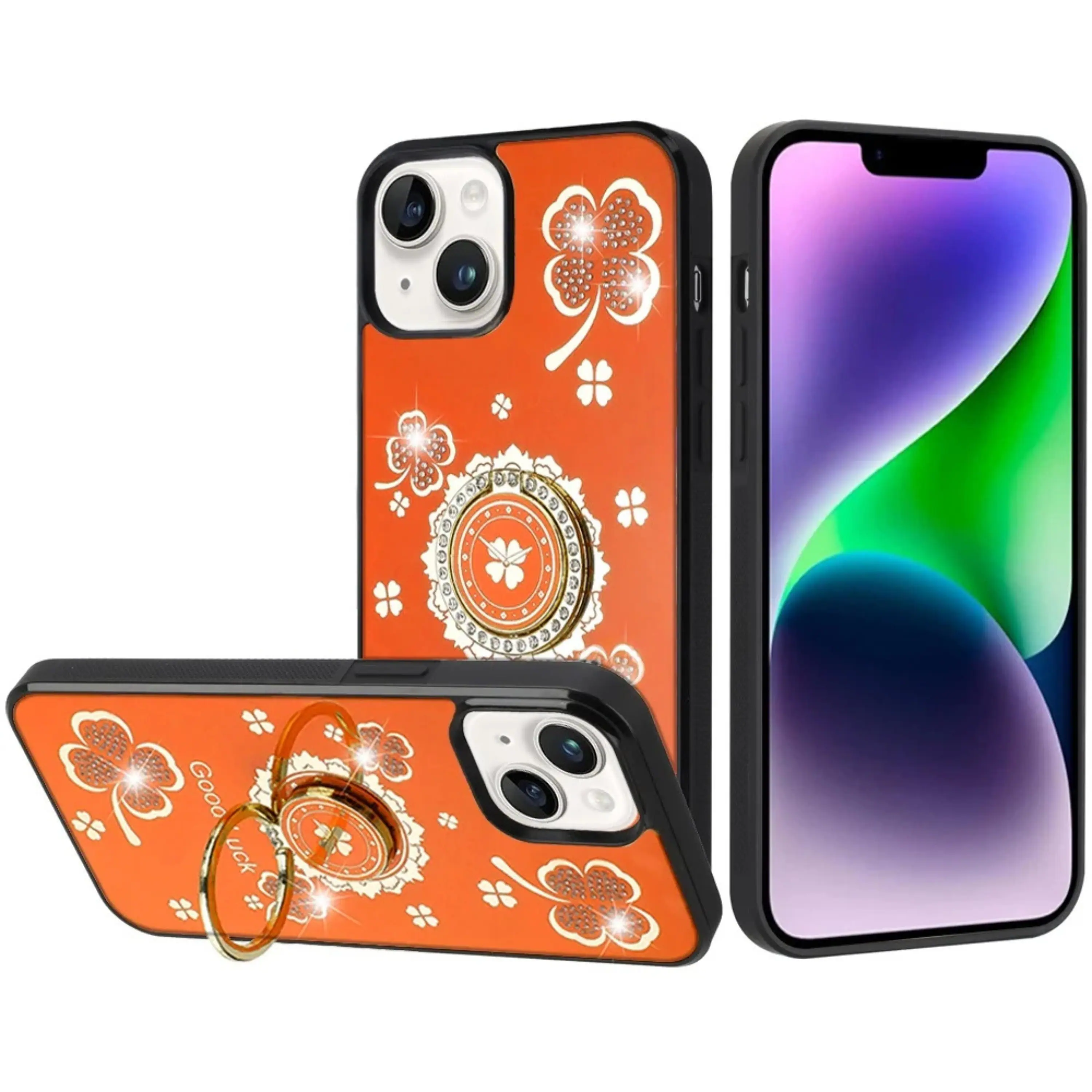Front. Kitcheniva - Rhinestone Bling Decor Glitter Case With Tempered Glass For iPhone 13 14 Floral Orange - Orange.