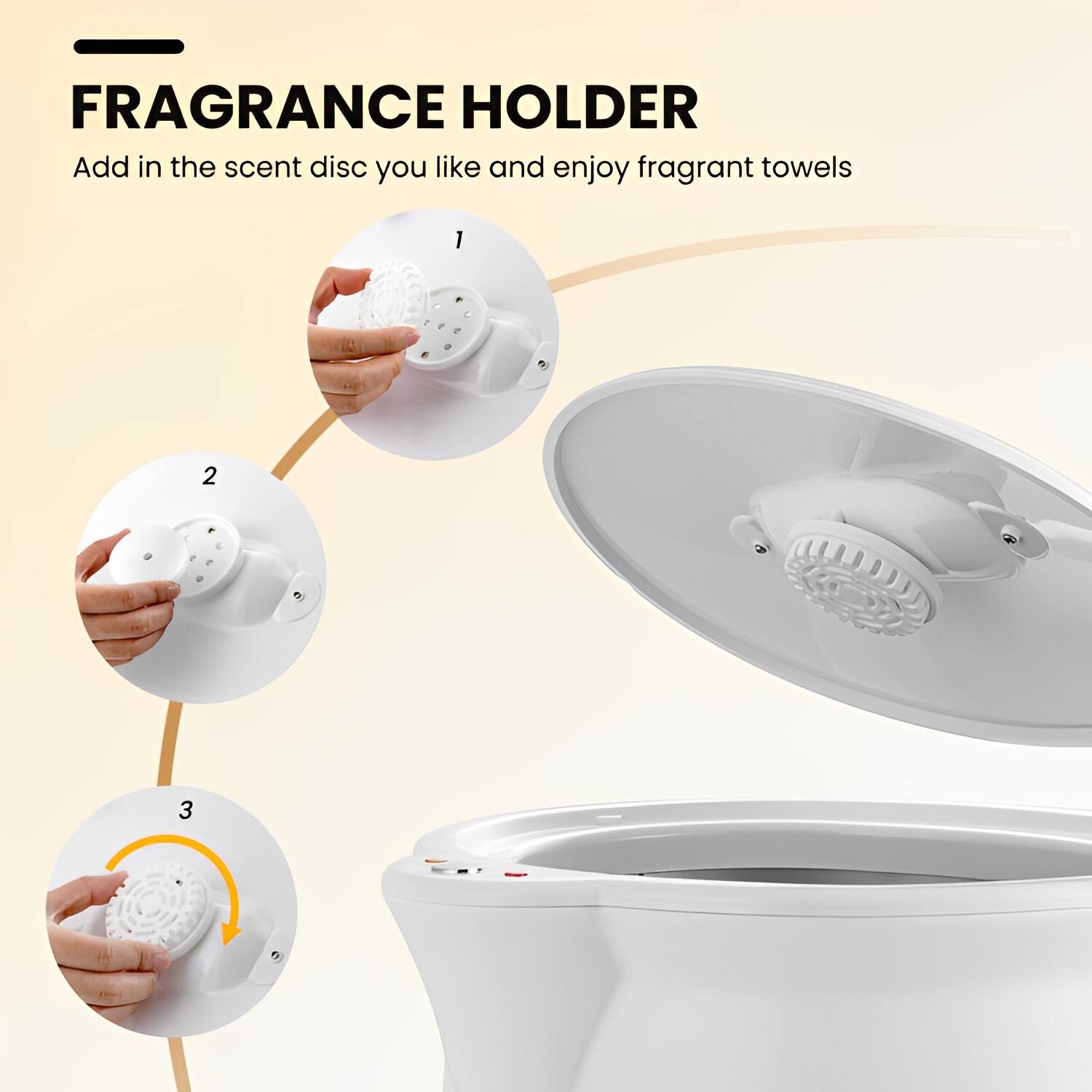 FRAGRANCE HOLDER  
Add in the scent disc you like and enjoy fragrant towels  

1  
2  
3