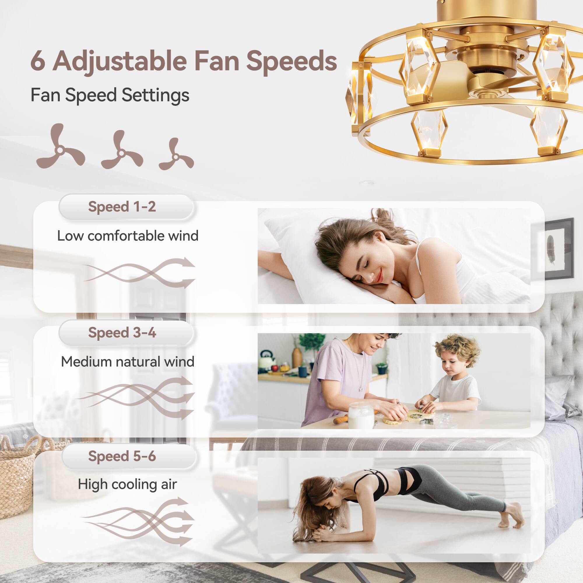 6 Adjustable Fan Speeds
Fan Speed Settings
Speed 1-2 Low comfortable wind
Speed 3-4 Medium natural wind
Speed 5-6 High cooling air