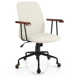 Costway - Velvet Office Chair with Adjustable Swivel and Wooden Armrest - Beige