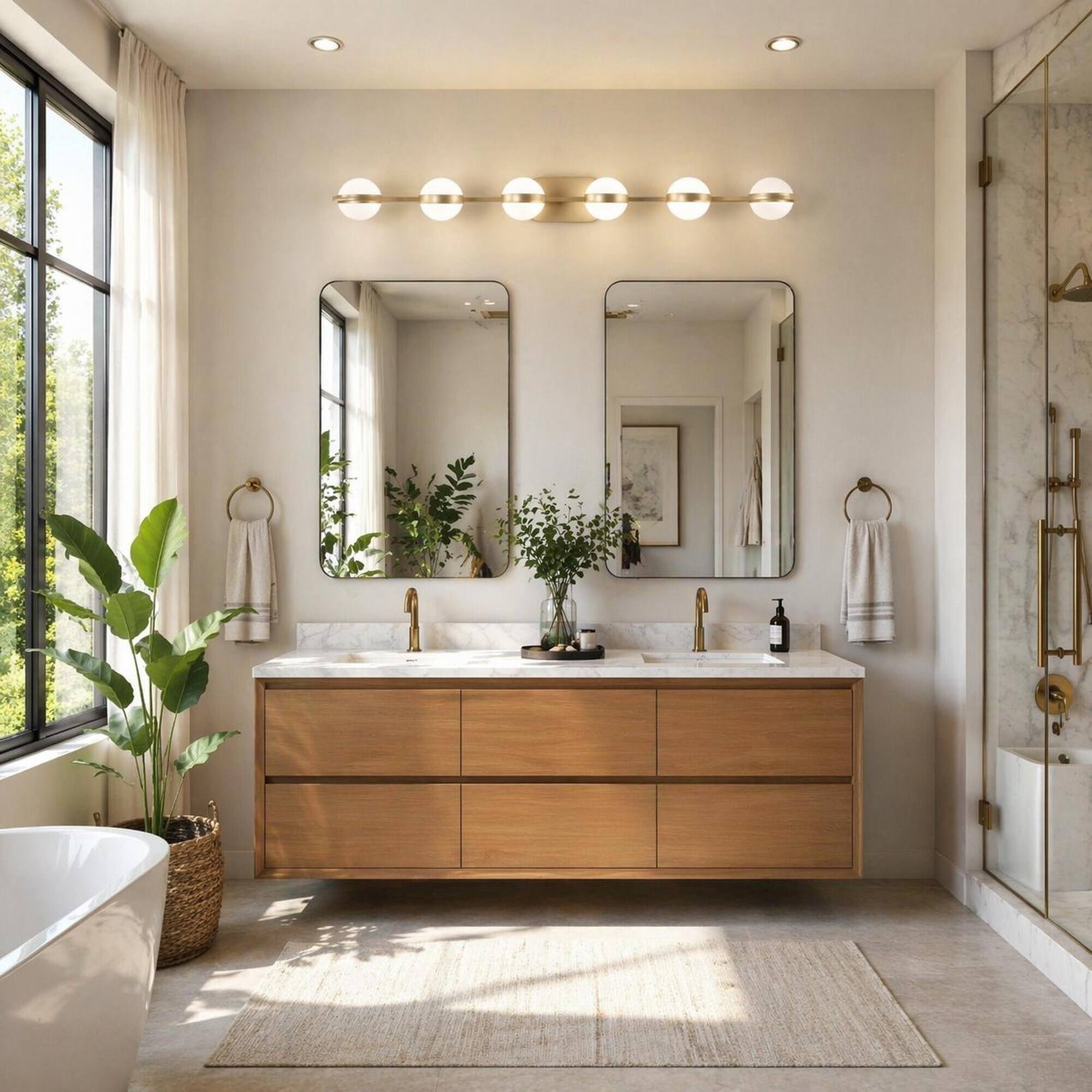 Back. RYHNUYNE - 43 " Gold LED Bathroom Vanity Light,6‑Light Wall Mount Vanity Light with Crystal Shades for Bathroom - Gold.
