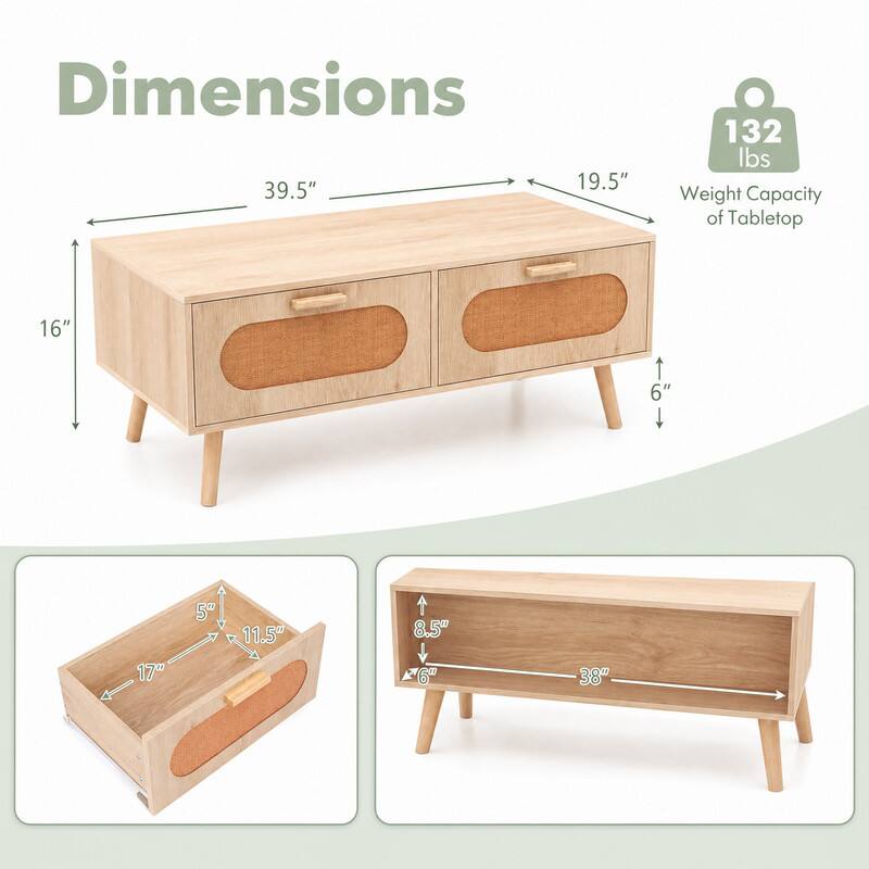 Dimensions:  
- 39.5" (length)  
- 19.5" (width)  
- 16" (height)  
- 6" (leg height)  

Weight Capacity of Tabletop: 132 lbs  

Drawer Dimensions:  
- 17" (length)  
- 11.5" (width)  
- 5" (height)  

Overall Length: 38"