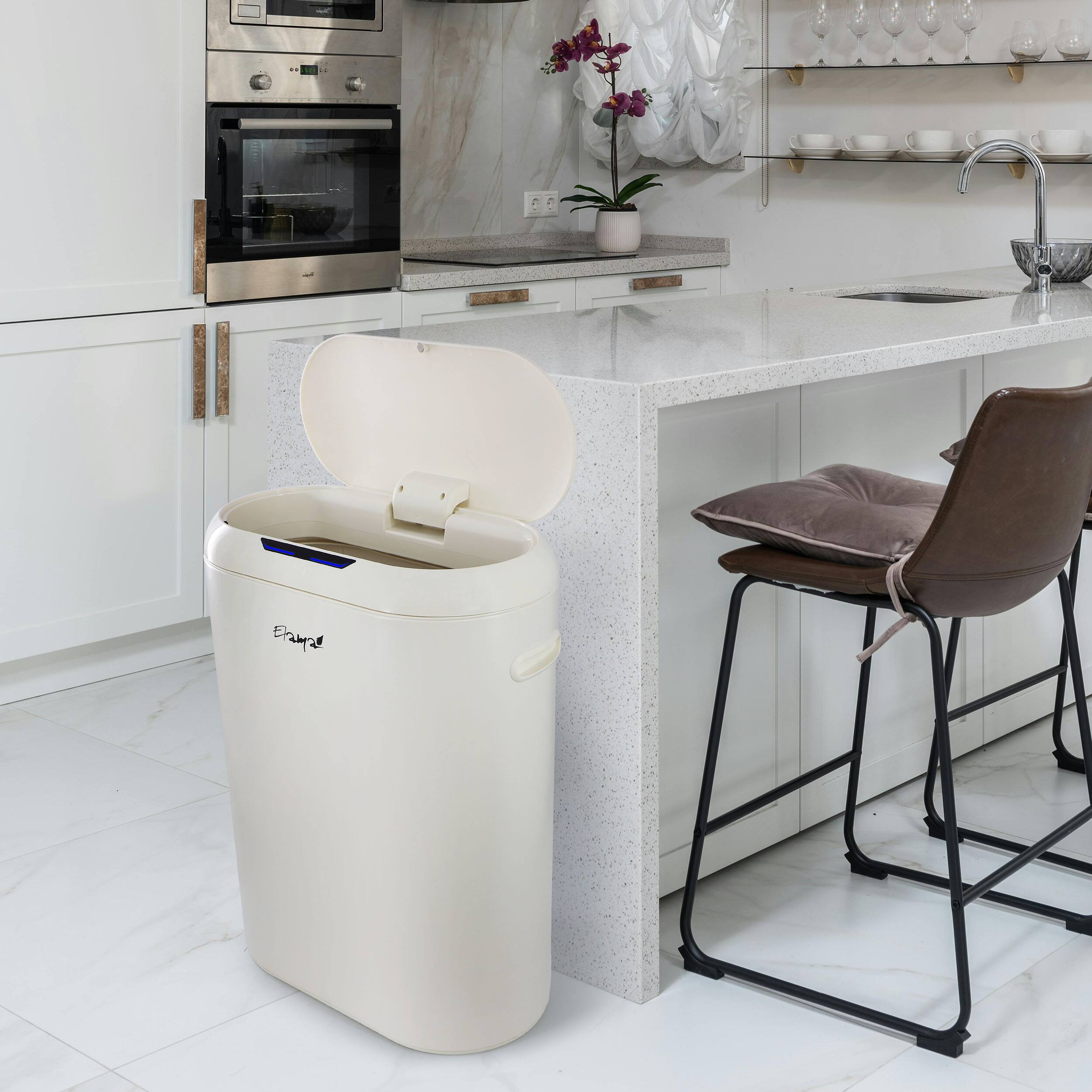 Alt View 3. Elama - Elama 13 Gallon Automatic Sensor Hands Free Round Top Trash Can in White - White.