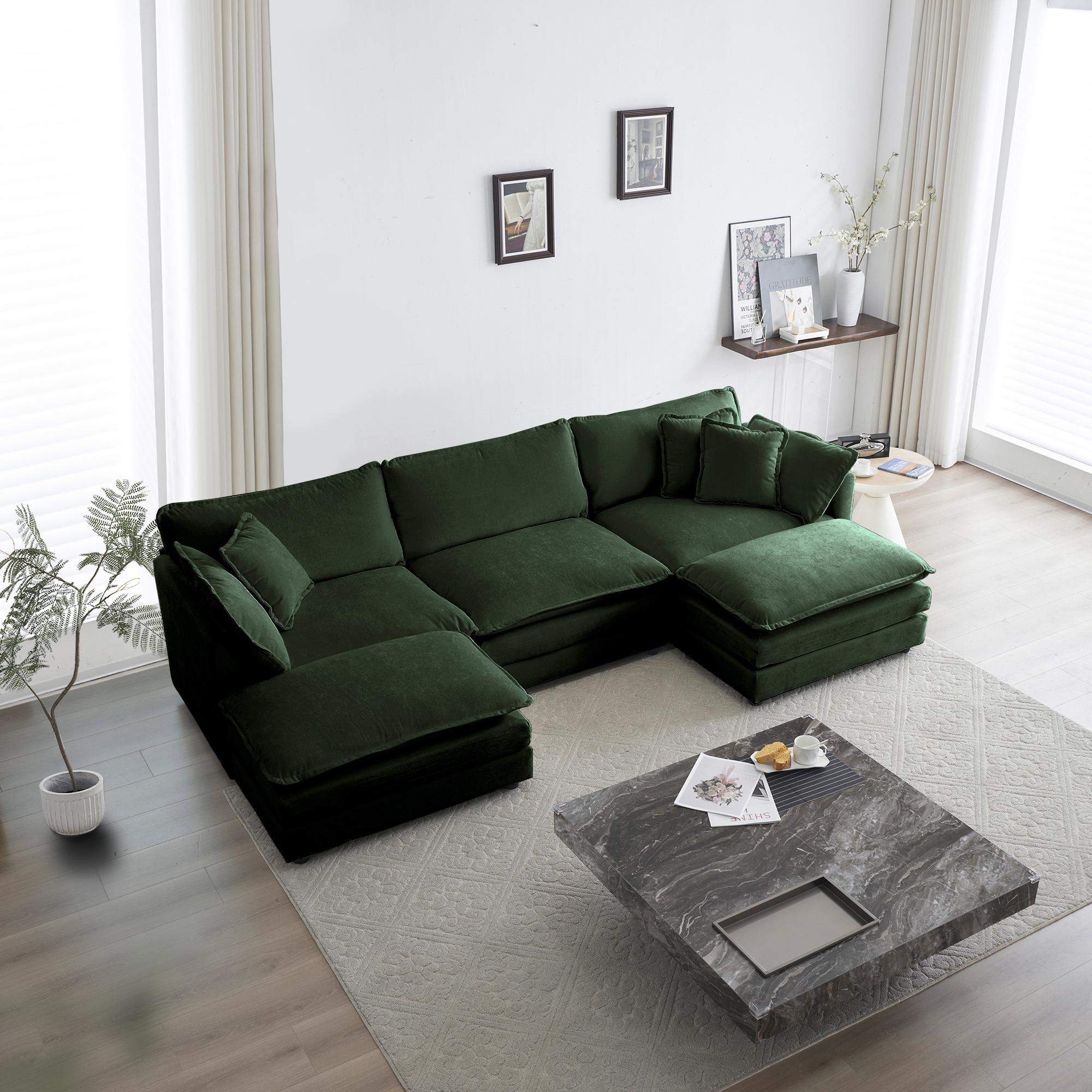 Left. LOVMOR - UShaped Sectional Sofa wReversible Footrest 5Seater Convertible Corner Couch with 2 Ottomans Modern Minimalist Soft - Green.