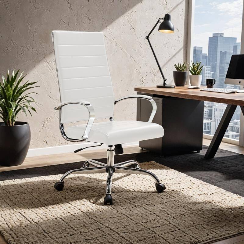 Angle. LeisureMod - Benmar High Back Leather Office Chair with Adjustable Height, Swivel Base, Ergonomic Design Modern Conference Chair - White.