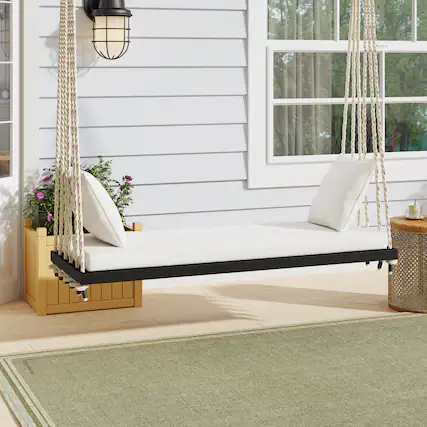 Front. GOODSILO - Acacia Wood Patio Swing Chair - Hanging Porch Bench with Cushion & Ropes for Garden, Backyard, Lawn - Black.