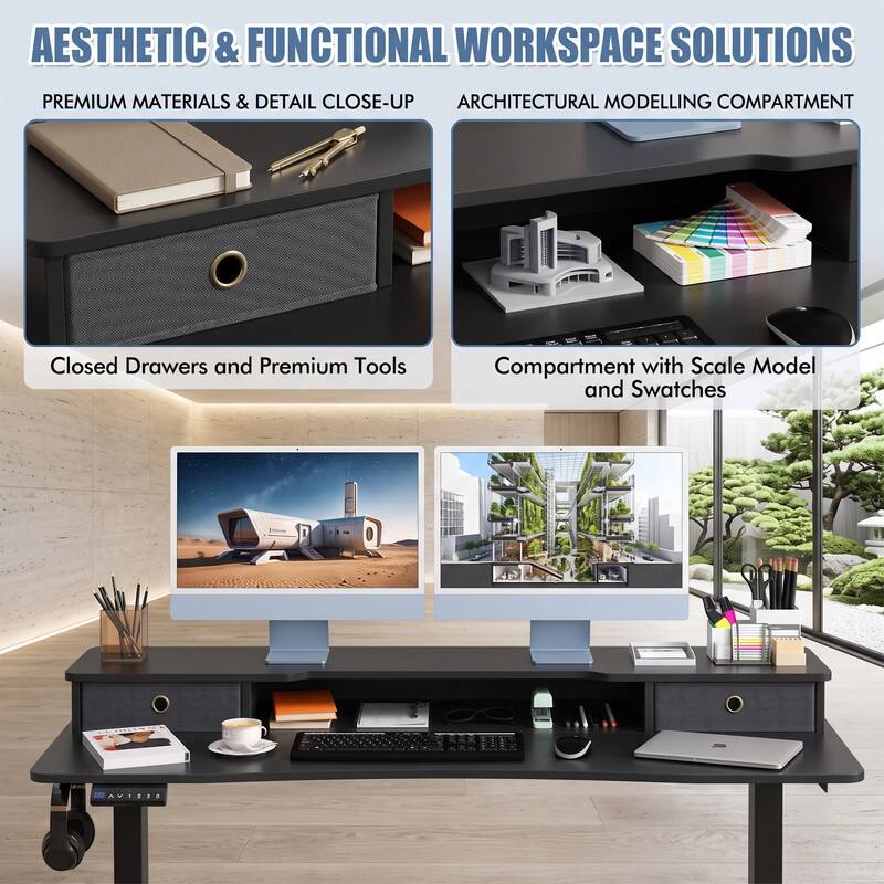 AESTHETIC & FUNCTIONAL WORKSPACE SOLUTIONS

PREMIUM MATERIALS & DETAIL CLOSE-UP

ARCHITECTURAL MODELLING COMPARTMENT

Closed Drawers and Premium Tools

Compartment with Scale Model and Swatches