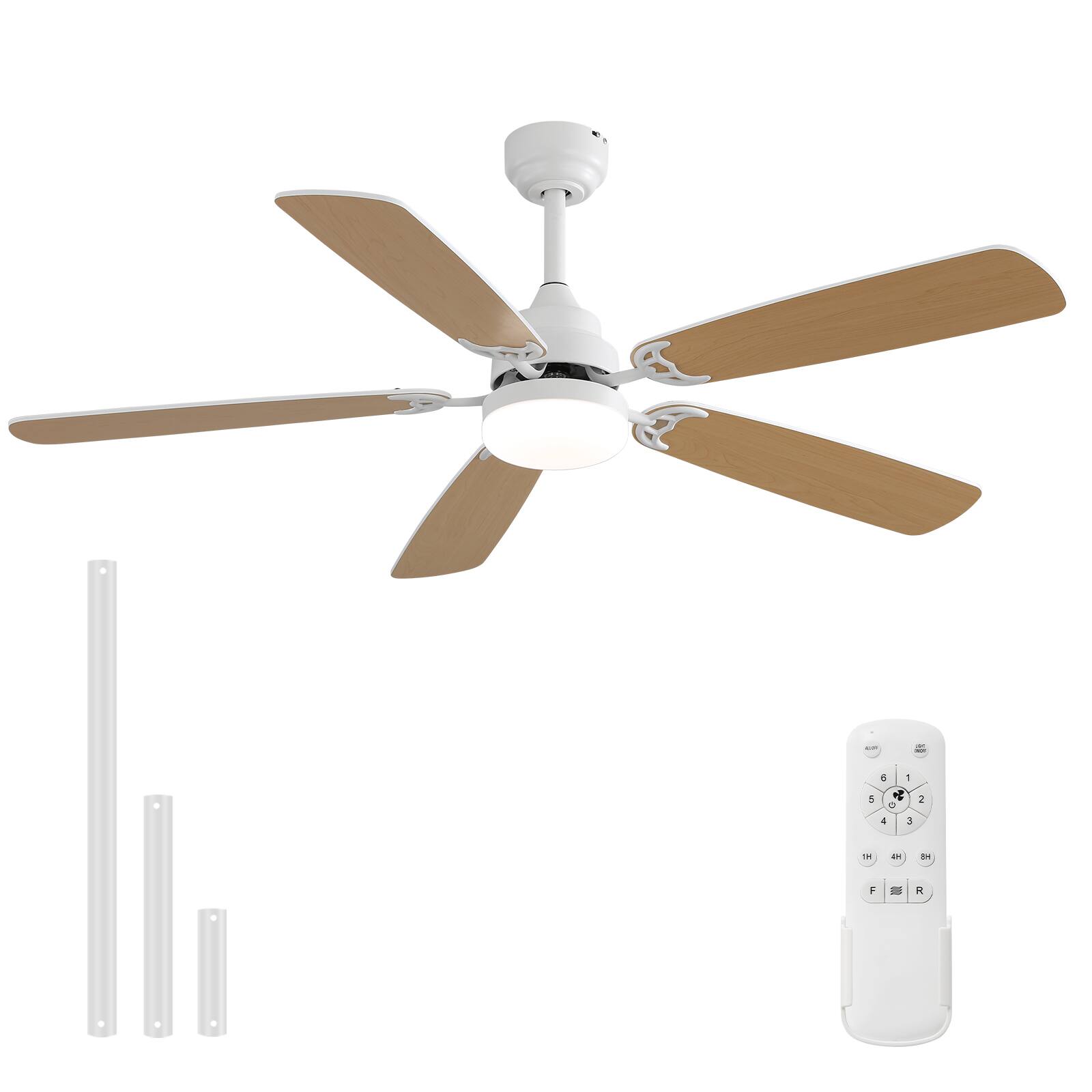 Front. Sofucor - 52'' Modern Ceiling Fan with Light, Downrod & Flush Mount, Quiet DC Motor, Dual Finish 5 Blades for Bedroom Living Room - White.