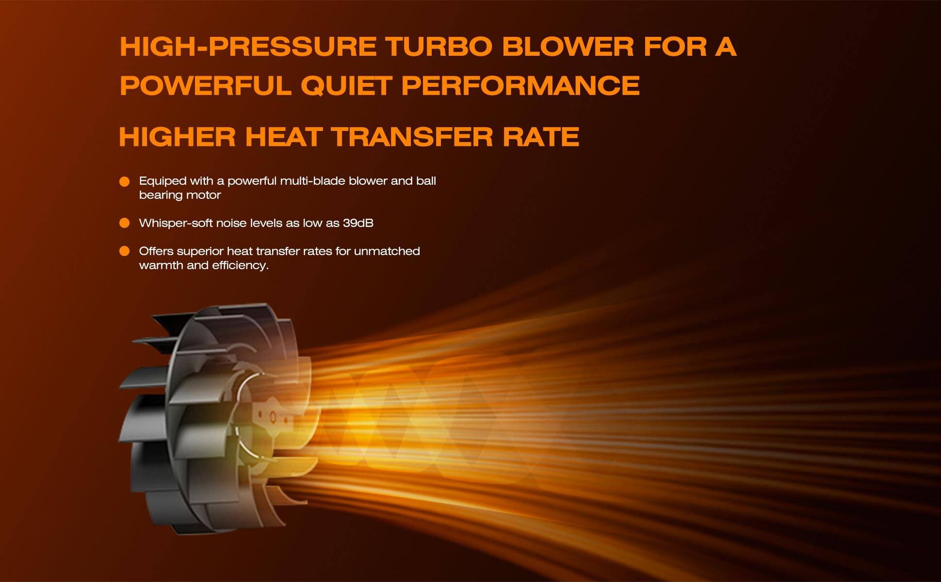 HIGH-PRESSURE TURBO BLOWER FOR A POWERFUL QUIET PERFORMANCE

HIGHER HEAT TRANSFER RATE

- Equipped with a powerful multi-blade blower and ball bearing motor
- Whisper-soft noise levels as low as 39dB
- Offers superior heat transfer rates for unmatched warmth and efficiency.