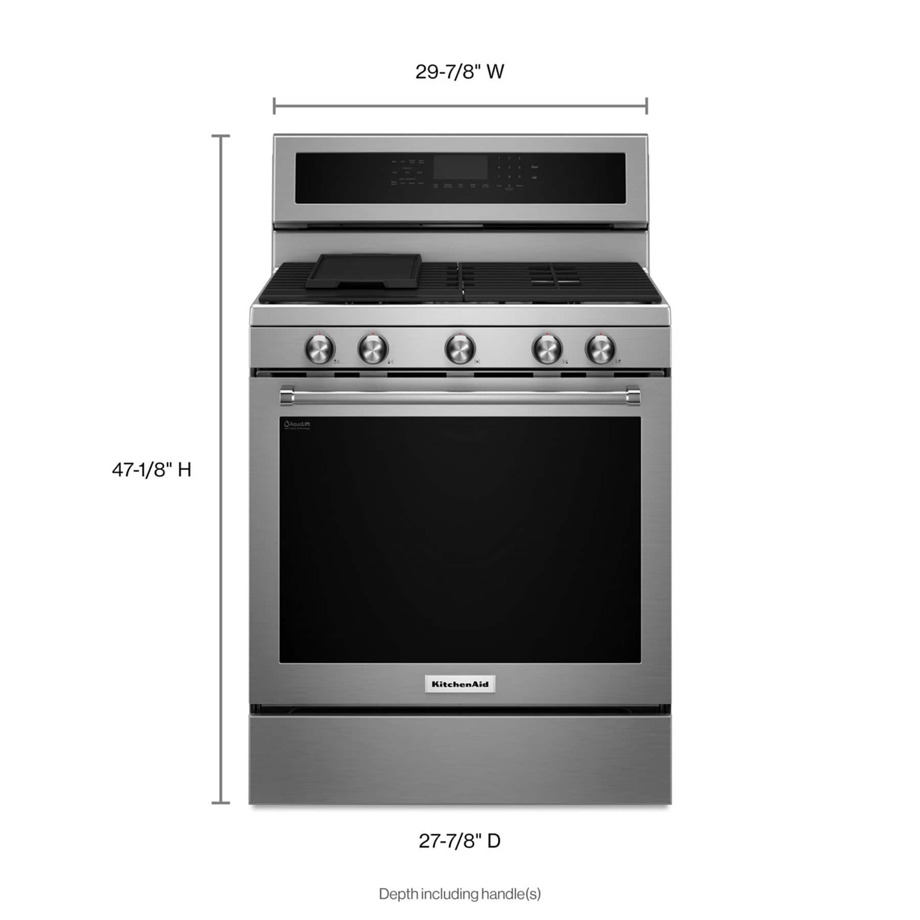 The image features a stainless steel oven with a black door, measuring 29-7/8" W and 47-1/8" H. The oven is made by KitchenAid and has a depth of 27-7/8" D, including the handle(s).