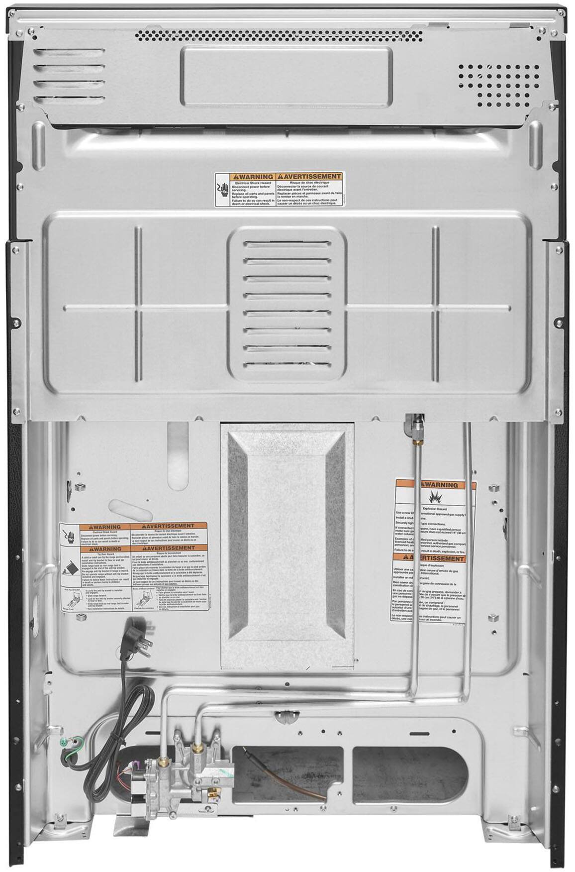 The image shows the back of a refrigerator with a warning label on the back. The label is placed above the refrigerator's ventilation system, which is located on the back of the appliance. The warning label is likely to inform users about safety precautions or maintenance procedures for the refrigerator.