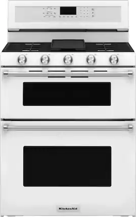 Front. KitchenAid - 6.0 Cu. Ft. Self-Cleaning Freestanding Double Oven Gas Convection Range - White.