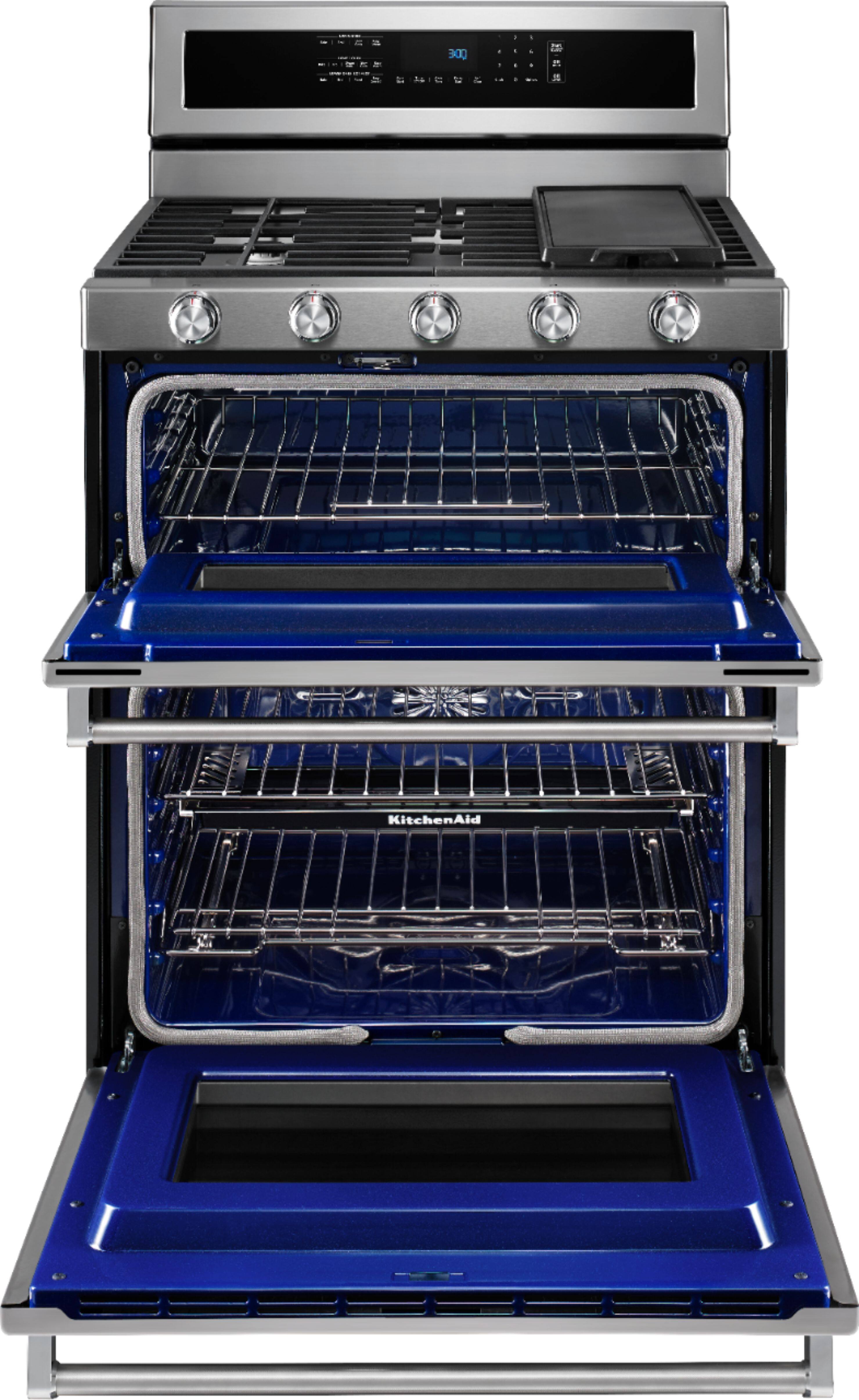 Angle. KitchenAid - 6.7 Cu. Ft. Self-Cleaning Freestanding Double Oven Dual Fuel Convection Range - Stainless steel.