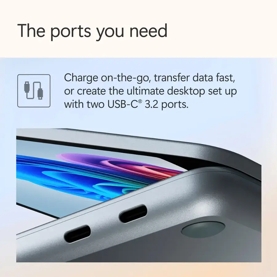 The ports you need include charge on-the-go, transfer data fast, or create the ultimate desktop set up with two USB-C 3.2 ports.